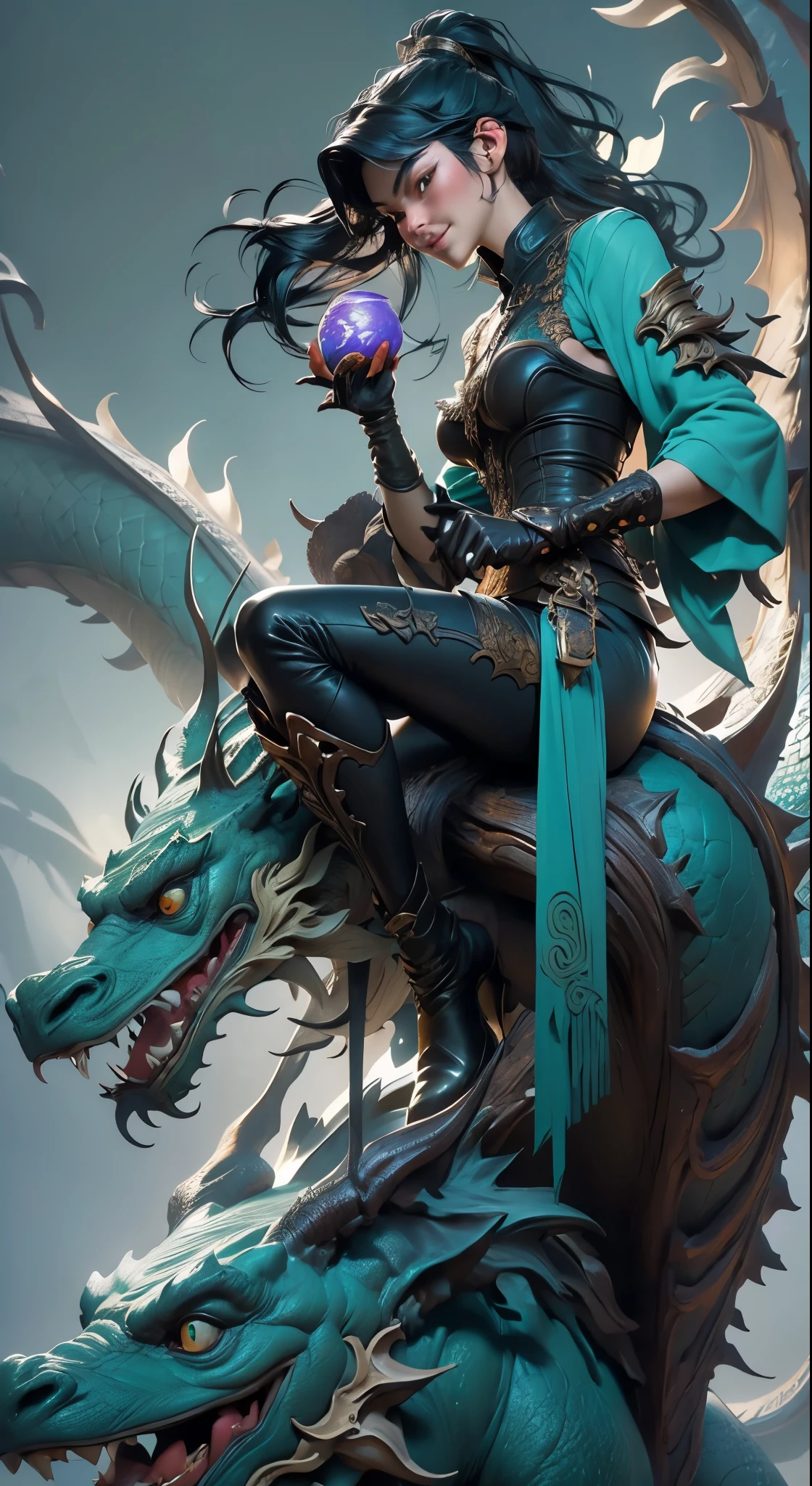 01_Green wooden dragon. Chinese style. Sculpture. A wooden sculpture, next to a cool girl in a leather corset, long dark hair, high black leather jackboots, black gloves on her hands, and metal spikes on her shoulders. Rock star, super beauty against the background of a sculpture made of wood, a green dragon - in the Chinese style., 02_ Highly detailed textures, the highest quality (Girl with white skin, in black boots with spikes and a corset (cool-sexy). Side lighting, warm light, cold shadows. Chiaroscuro, contrasting shapes, volume, and depth of the image. Slight blur in the background Dust squeaks underfoot, an old wooden sculpture, and soft lighting., 03_Highest quality, cinematic rendering. The epic setting, Chinese-style sculpture, and one character - a girl. Contrast lighting, warm light, soft - deep cold shadows. Ocher, seppia, cold lateral reflex. (Dark leather, metal, and several colors decorate the composition). The highest 3D rendering, cinema, animation, masterpiece. Unrea, black hair, french braid, crossed bangs, long hair, ponytail, smile, open mouth, Surrealism, Color Field painting, chiaroscuro, depth of field, cinematic lighting, drop shadow, UHD, retina, masterpiece, anatomically correct, textured skin, super detail, high details, high quality, award winning, highres, 16k