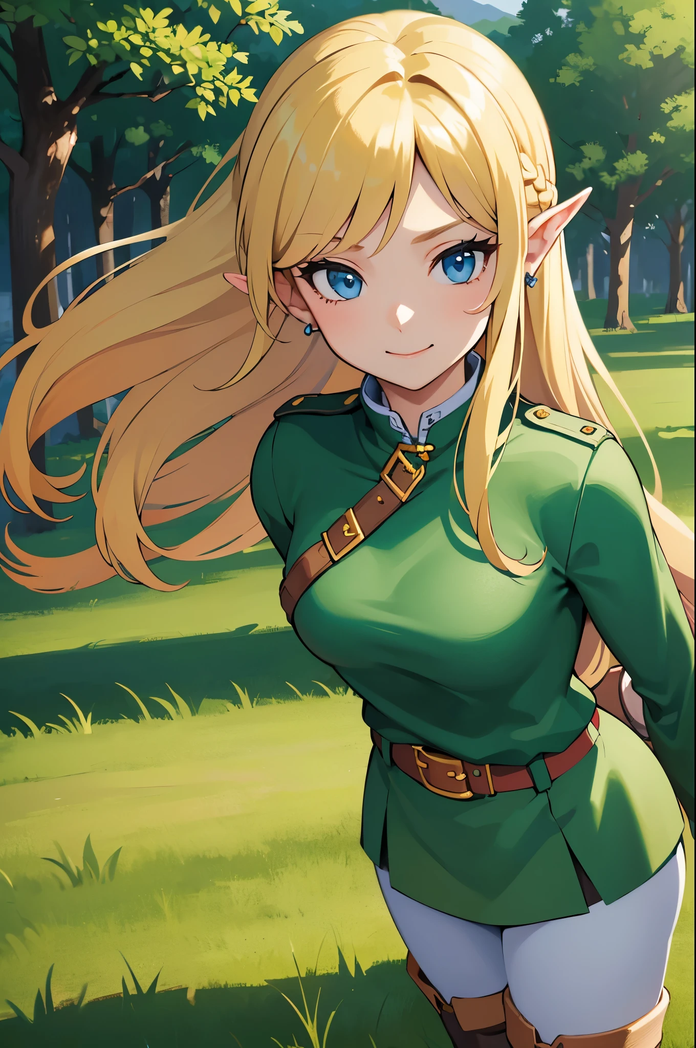 (masterpiece), best quality, expressive eyes, perfect face, highres, (female body:1.3),1 girl, solo, ootLink girl, hat, long hair, blonde hair, (green tunic), belt, fingerless gloves, boots, field, grass, trees, landscape, depth of field, smiling, standing, upper body portrait, looking at the viewer, from frontal