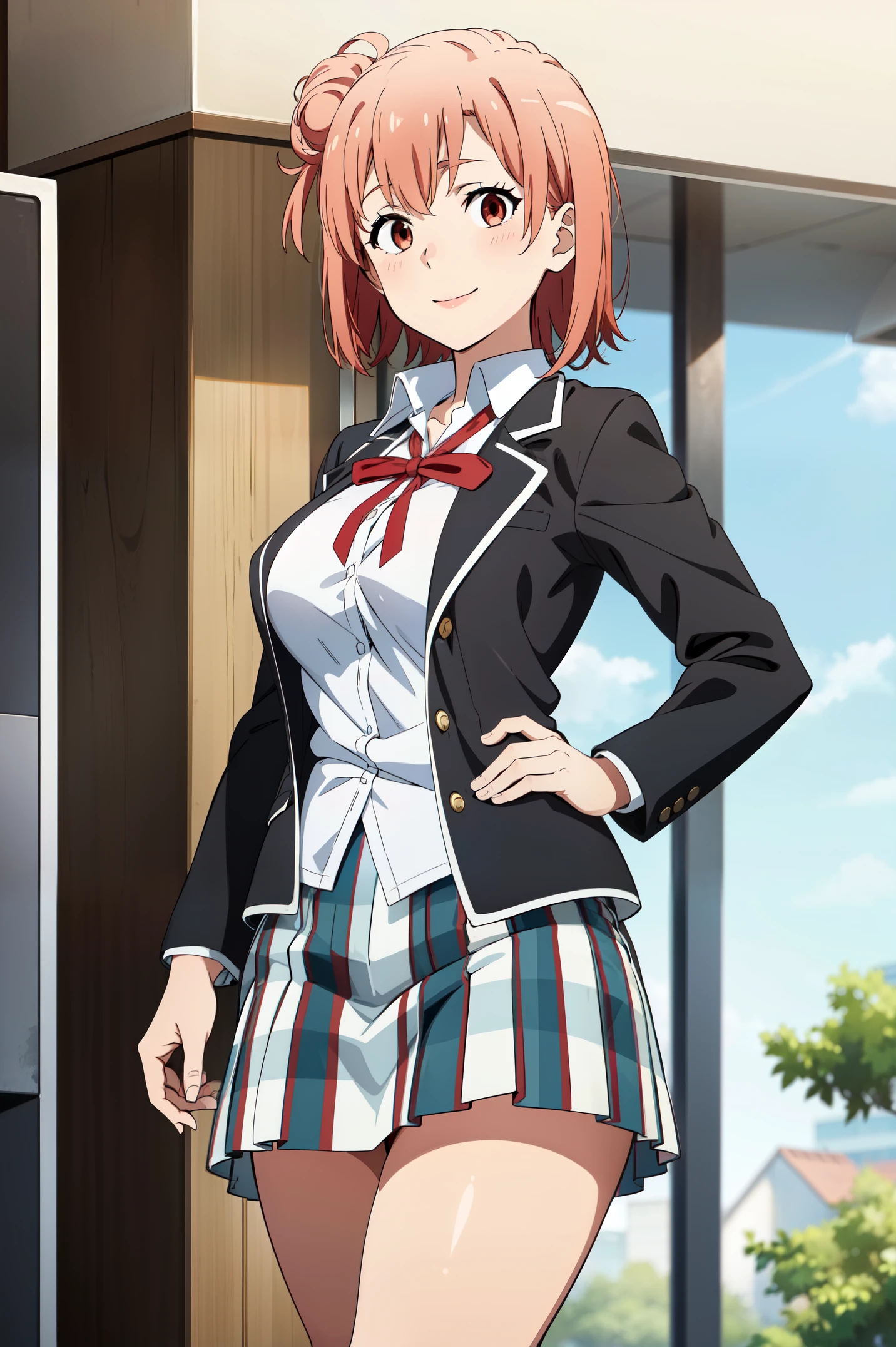 Best quality, masterpiece, highres, 1girl, Yuigahama Yui , school uniform, Plaited skirt, short hair, red ribbon, white shirt, black jacket, big boobs, Standing, smile, school background