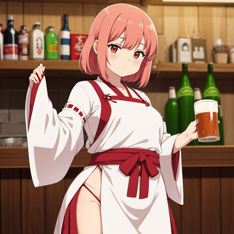 NSFW anime style image of a girl in a tavern wearing a very short miko outfit and her panties are red. Her big ass is noticeable and she is holding beer mugs in both hands. Her hair is green and disheveled and she has dark circles in her eyes.