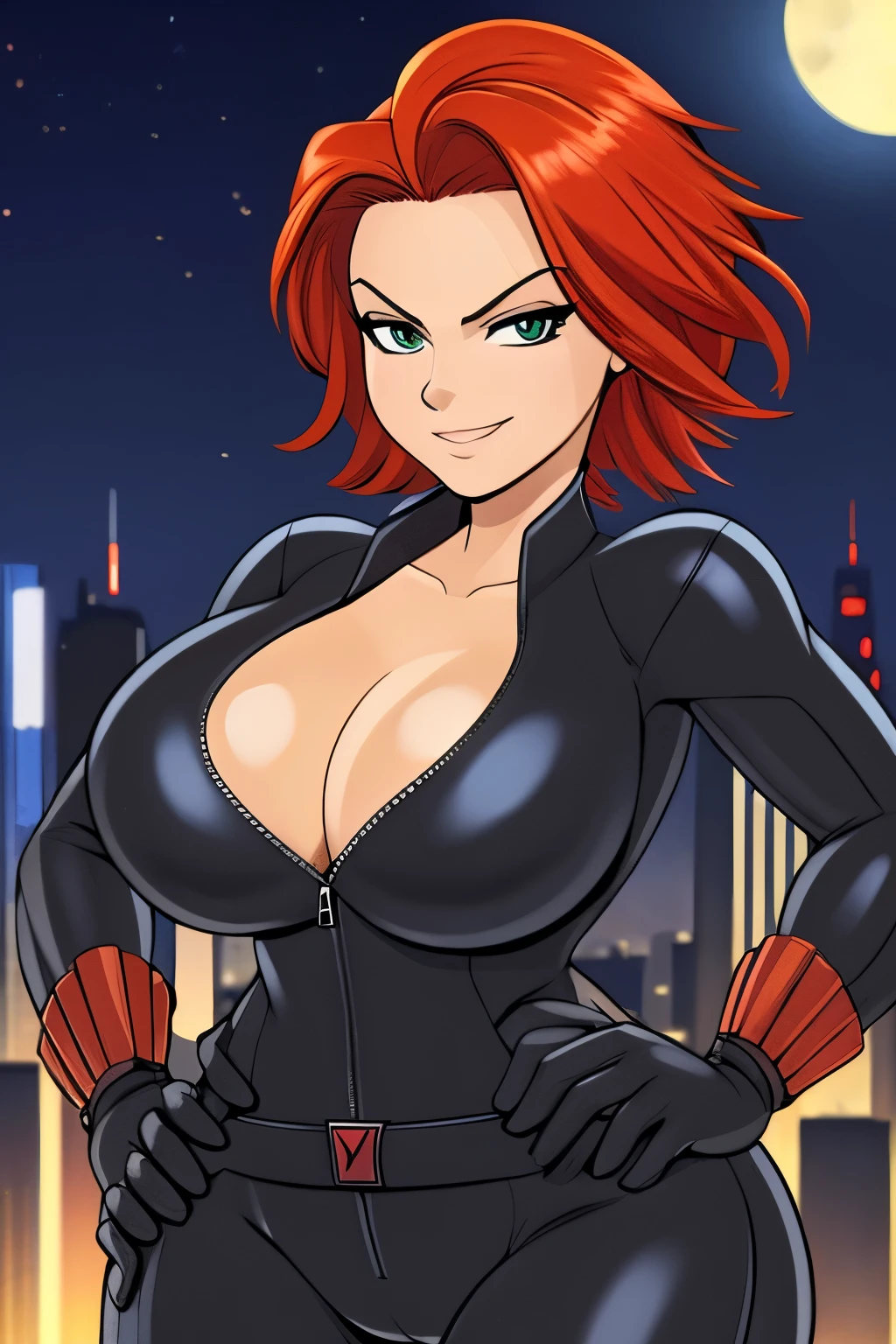 masterpiece, best quality, blkwidow, black bodysuit, smirk, black belt, hand on hips, black gloves, large breasts, night sky, cityscape,human, looking at viewer,skin-tight suit, cleavage, unzipped, anime screencap