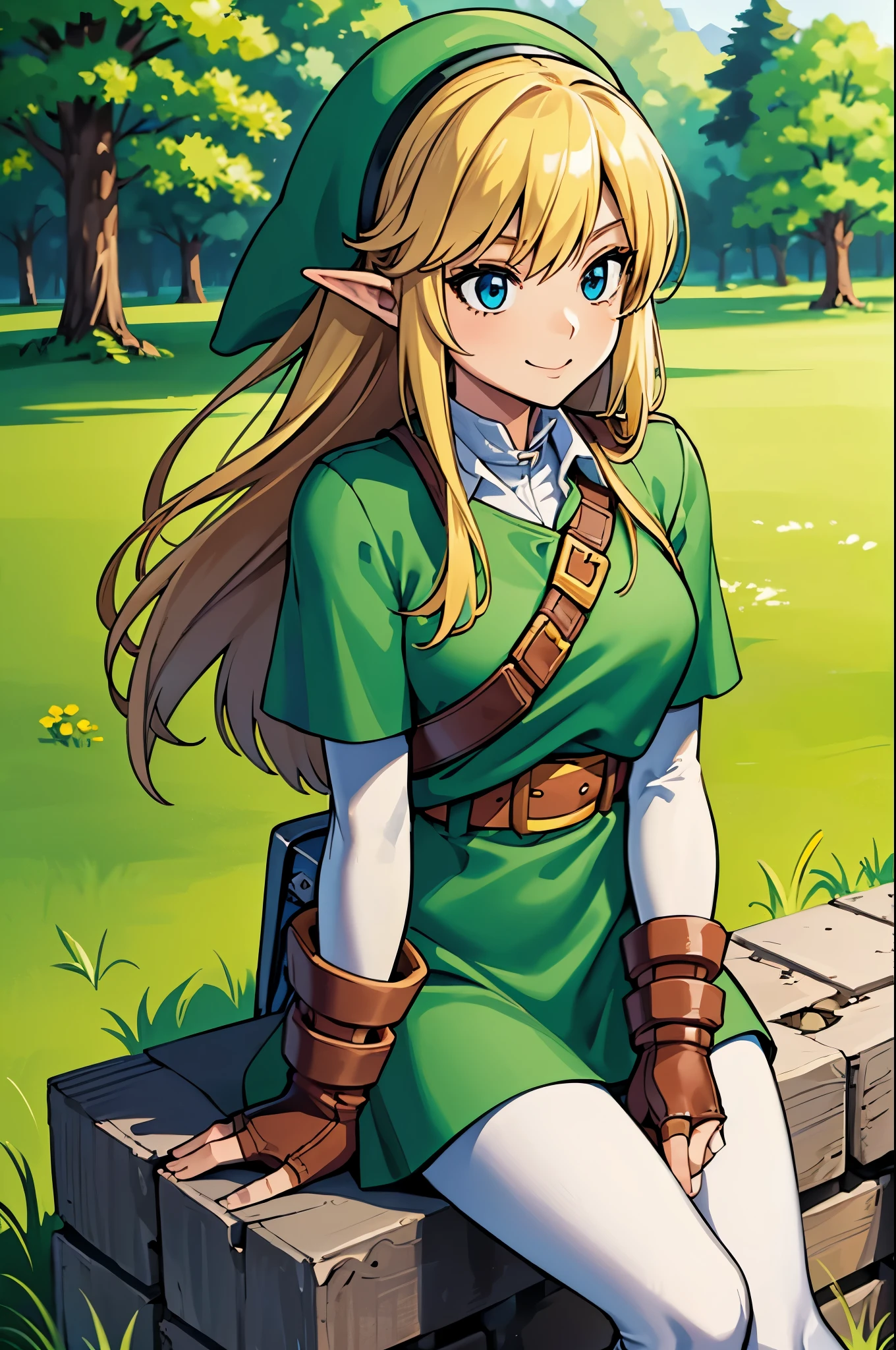 (masterpiece), best quality, expressive eyes, perfect face, highres, (female body:1.3),1 girl, solo, ootLink girl, hat, long hair, blonde hair, (green tunic), belt, fingerless gloves, boots, field, grass, trees, landscape, depth of field, smiling,sitting, upper body portrait, looking at the viewer, from frontal