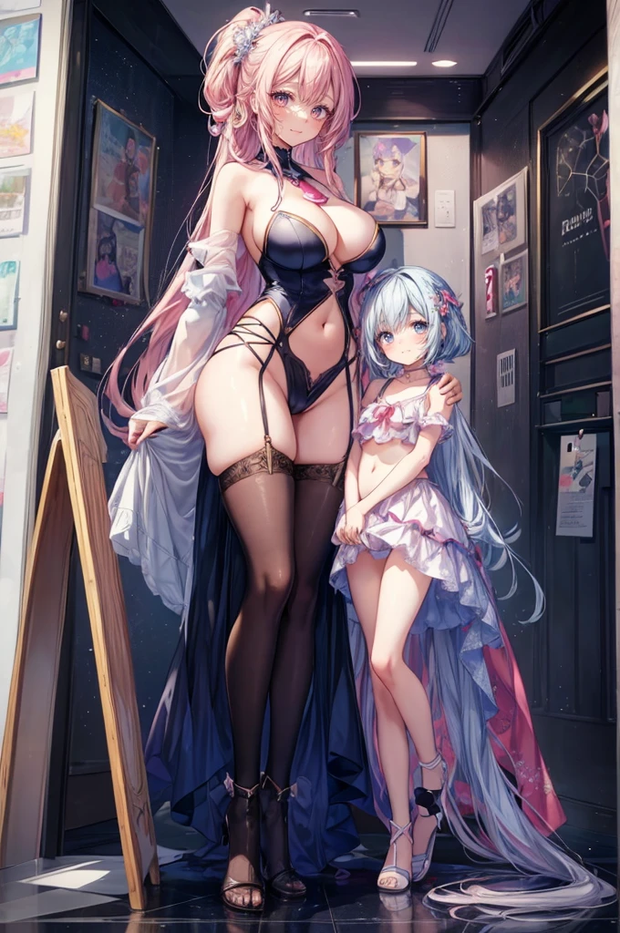 (2girls:1.4), (height_difference:1.7), (size_difference:1.5), (mature woman: 1.5), (yuri:1.3), (hugging:1.2), (:3), cute, (a giantess looking down at a girl: 1.2), (she is much taller than her: 1.5), looking at another, serafuku, (girls bedroom: 1.2), (foreshortening:1.3), hearts, cleavage, (rear_end:1.2), cameltoe, anime girl with colorful hair and a colorful dress, rossdraws pastel vibrant, rossdraws cartoon vibrant, anime style 4 k, beautiful anime portrait, artgerm colorful!!!, ! dream artgerm, beautiful anime girl, anime styled digital art, anime art wallpaper 4k, anime art wallpaper 4 k, digital anime art, extremely detailed artgerm, (naked), navel, bare shoulders, midriff, bare thighs