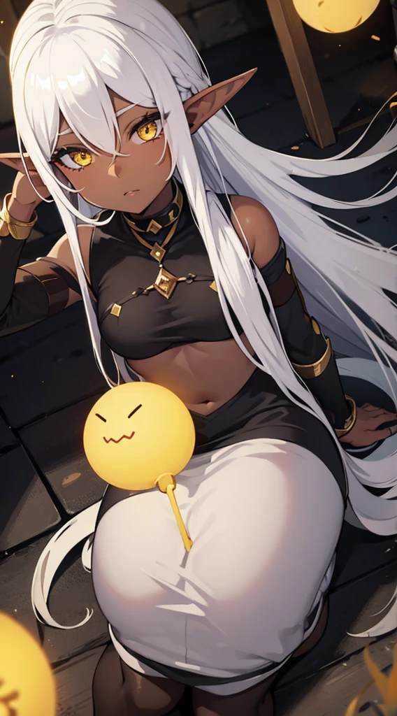 Elf Woman, ((dark skin)), white hair, yellow eyes