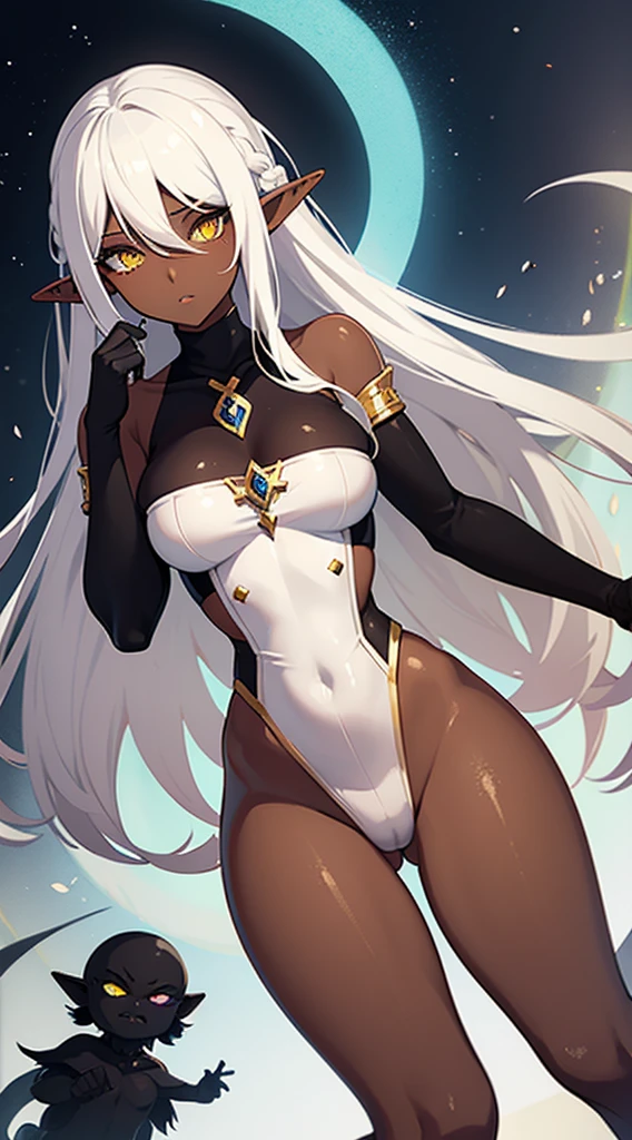 Elf Woman, ((dark skin)), white hair, yellow eyes
