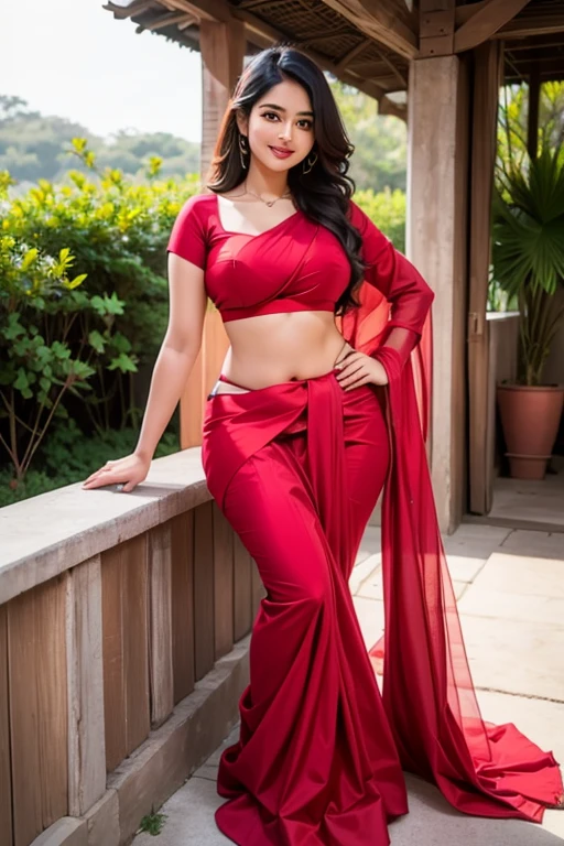 a woman in a red sari posing for a picture, featured on instagram, seductive, angular, , hot, sexy