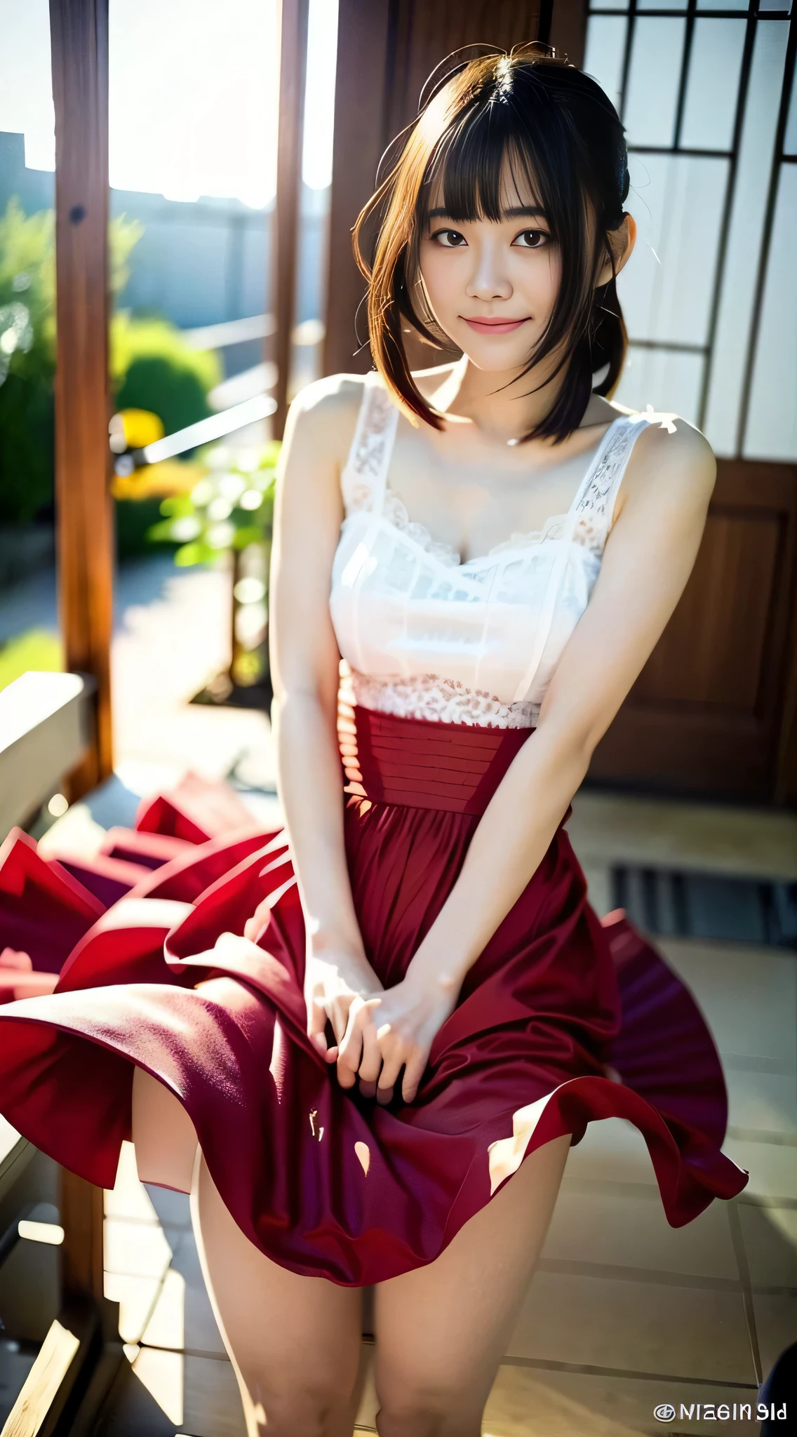 (top-quality、8K、32K、masterpiece、nffsw:1.2)、Photo of a cute Japanese woman、(mournful smile、red blush:1.1)、looking at the viewers、{{(Beautiful detailed dress skirt:1.2)}}、Detailed legs、(Spread legs:0.9)、(Lace pantie:0.9)、{{(wind lift:1.6)}}、full body Esbian、the wind、城市、outside of house