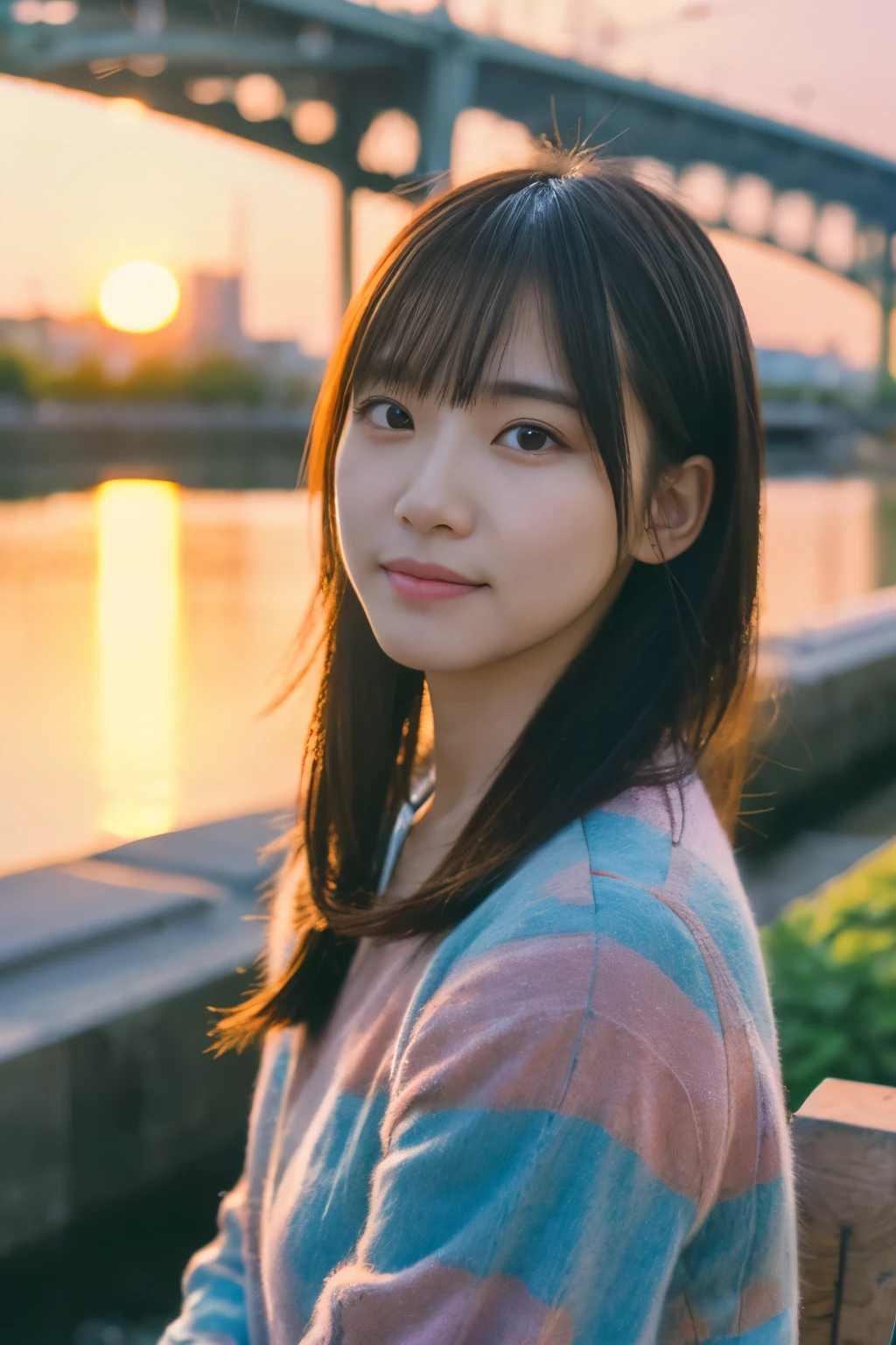 masutepiece, Best Quality, Portrait of 1girl、High resolution allows you to see pores and skin texture、夕方のembankmentを散歩、plain、the setting sun、Image quality of SLR cameras、various angles and angles、embankment、verdant、a park、Walking date、the setting sunでオレンジ色に、simple clothes、With the sunset in the background