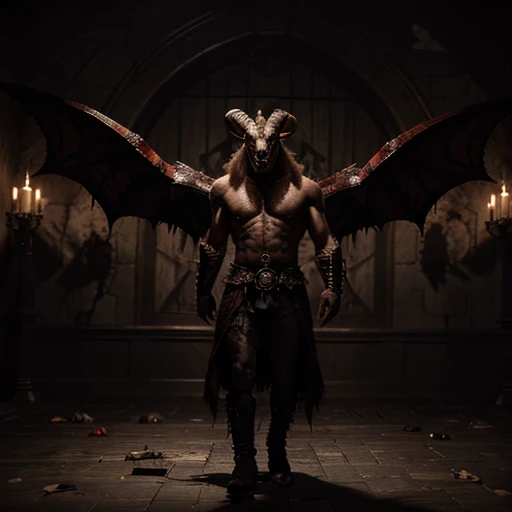 a goat headed demon with big horns, strong beefy upper body, demon skins,  furs, ((claws, wings)),  demonic armor, blood splatters,  skulls on the floor, standing on  a blood ritual , medieval,  dark room, dim light,
 masterpiece, realistic, oil painting