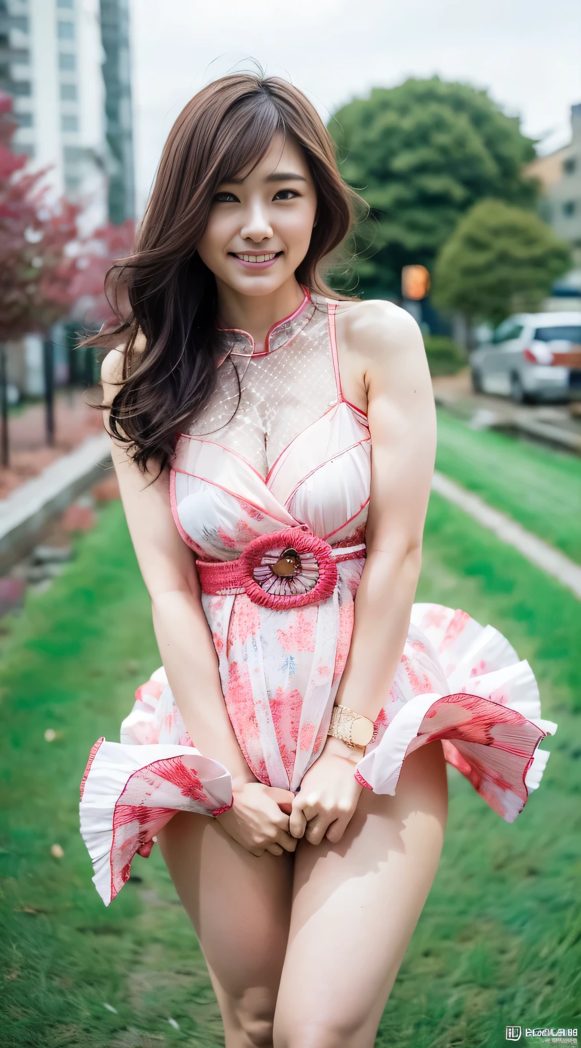 (top-quality、8K、32K、​masterpiece、nffsw:1.2)、Photo of a cute Japanese woman、(mournful smile、red blush:1.1)、looking at the viewers、{{(Beautiful detailed dress skirt:1.2)}}、Detailed legs、(Spread legs:0.9)、(Lace pantie:0.9)、{{(wind lift:1.6)}}、full body Esbian、{{The wind is blowing}}、城市、outside of house