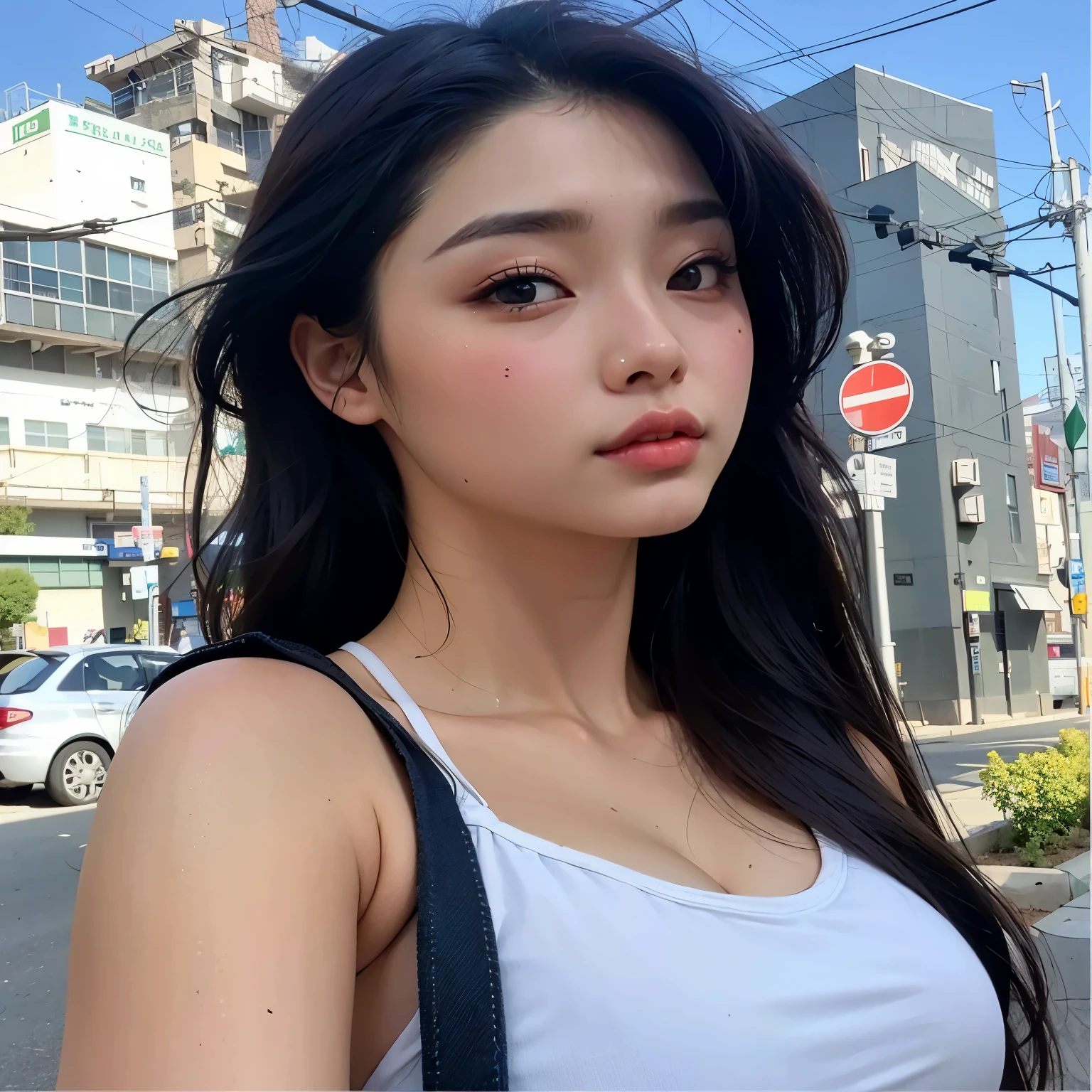 A close-up of a woman with long hair standing on a street, linda sul Mulher coreana, linda jovem Mulher coreana, bela jovem Mulher coreana,  coreana, young adorable korean face, Mulher coreana, Heonhwa Choe, Jaeyeon Nam, Beautiful Asian girl, korean face features, Ulzzang, korean symmetrical face, a young asian woman