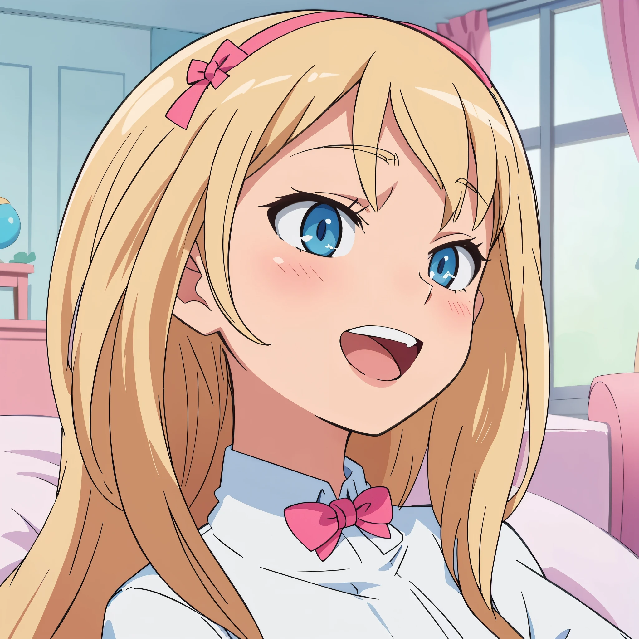 hiquality, tmasterpiece (One teenage girl). blonde woman. blue eyes. ssmile. open mouth with teeth. white  shirt. Pink Bow. room at background.