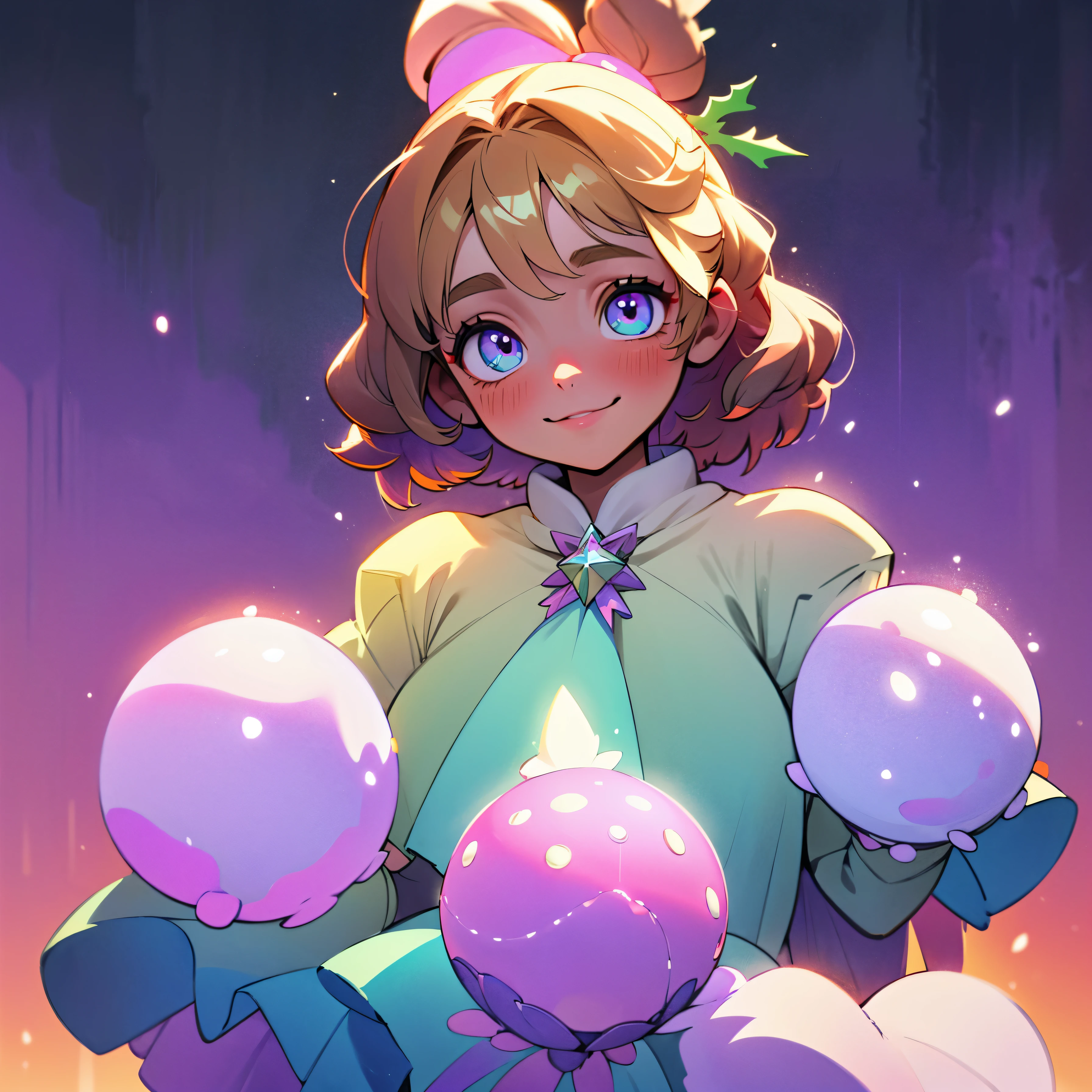 Fantasy art, one beautiful girl in a Christmas tree costume with Garland and snowballs, smiles calmly, Dreamy colors, glowing around, light background, neon snow magic, symmetric eyes, symmetrical nose, emerald eyes, black symmetrical pupils, straight dark brown hair with soft pink and purple curls, Christmas tree, Garland, Detailed magical winter city background, magical warm lights, UHD, 128 K.