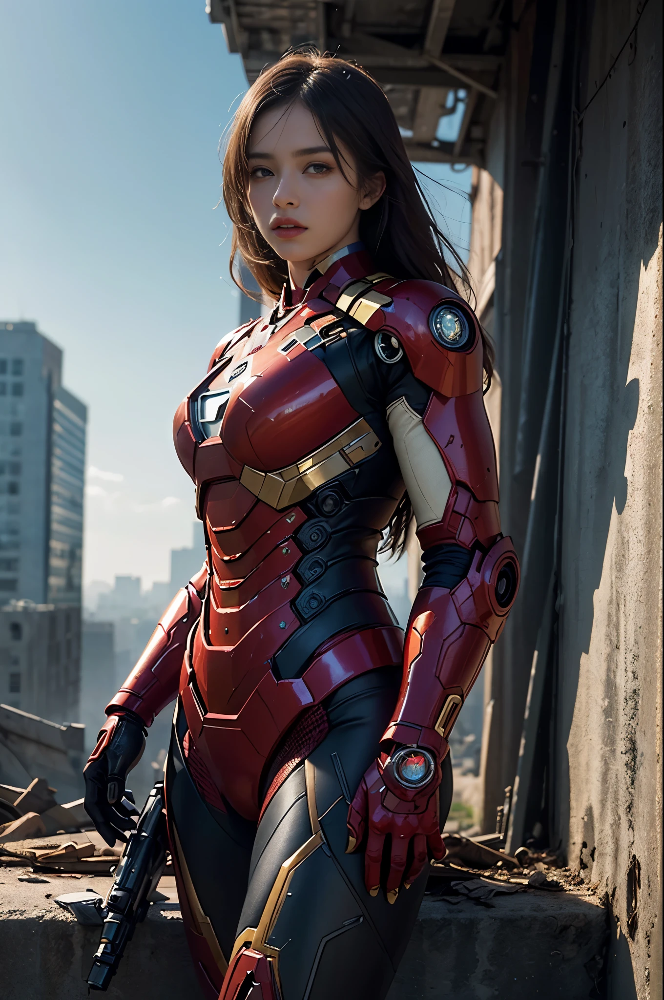 RAW, Masterpiece, Ultra Fine Photo,, Best Quality, Ultra High Resolution, Photorealistic, Sunlight, Full Body Portrait, Stunningly Beautiful,, Dynamic Poses, Delicate Face, Vibrant Eyes, (Side View) , she is wearing a futuristic Iron Man mech, red and gold color scheme, highly detailed abandoned warehouse background, detailed face, detailed and complex busy background, messy, gorgeous, milky white, high detailed skin, realistic skin details, visible pores , sharp focus, volumetric fog, 8k uhd, dslr camera, high quality, film grain, fair skin, photorealism, lomography, sprawling metropolis in futuristic dystopia, view from below, translucent