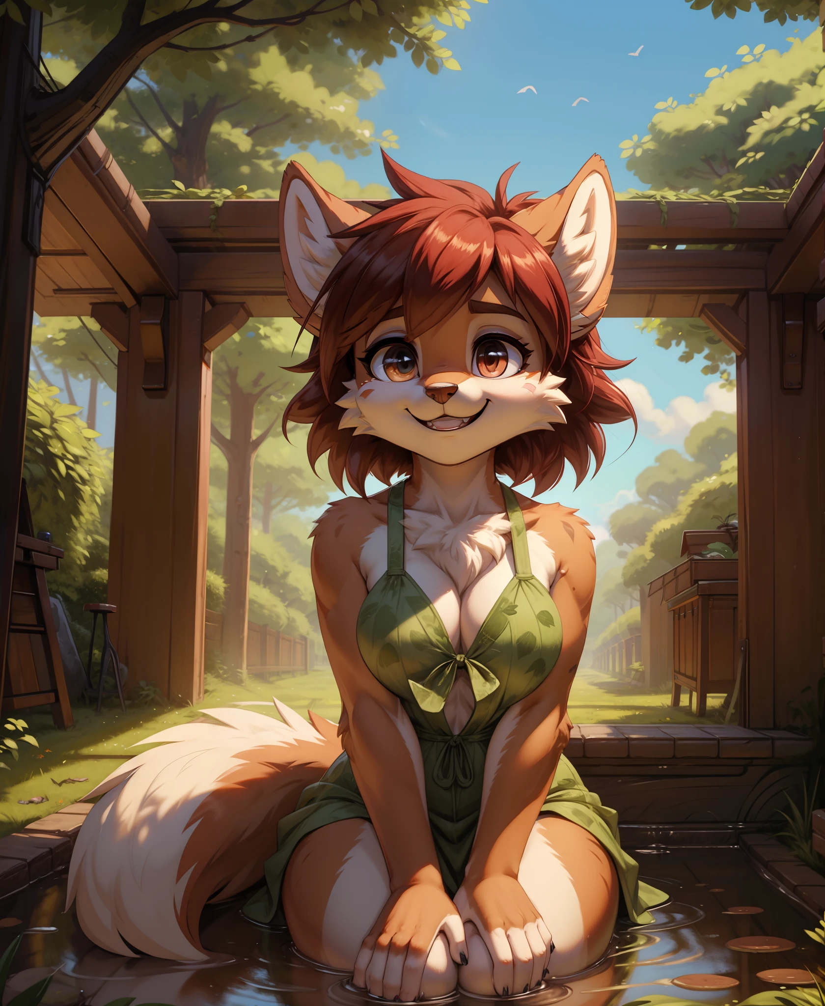 elora furry, detailed and extremely fluffy body fur, fluff, masterpiece, looking up beautiful surroundings, detailed background, happy, leaf-dress,