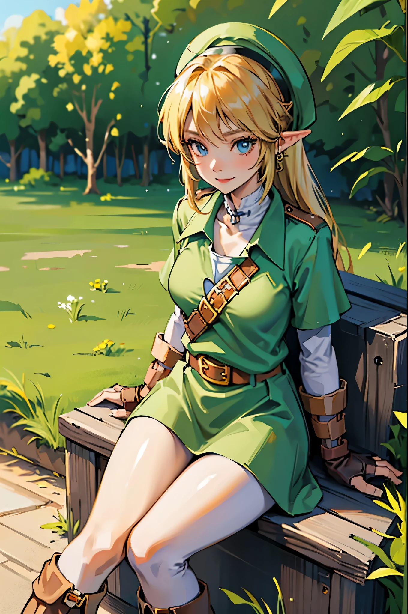 (masterpiece), best quality, expressive eyes, perfect face, highres, (female body:1.3),1 girl, solo, ootLink girl, hat, long hair, blonde hair, (green tunic), belt, fingerless gloves, boots, field, grass, trees, landscape, depth of field, smiling,sitting, upper body portrait, looking at the viewer, from frontal
