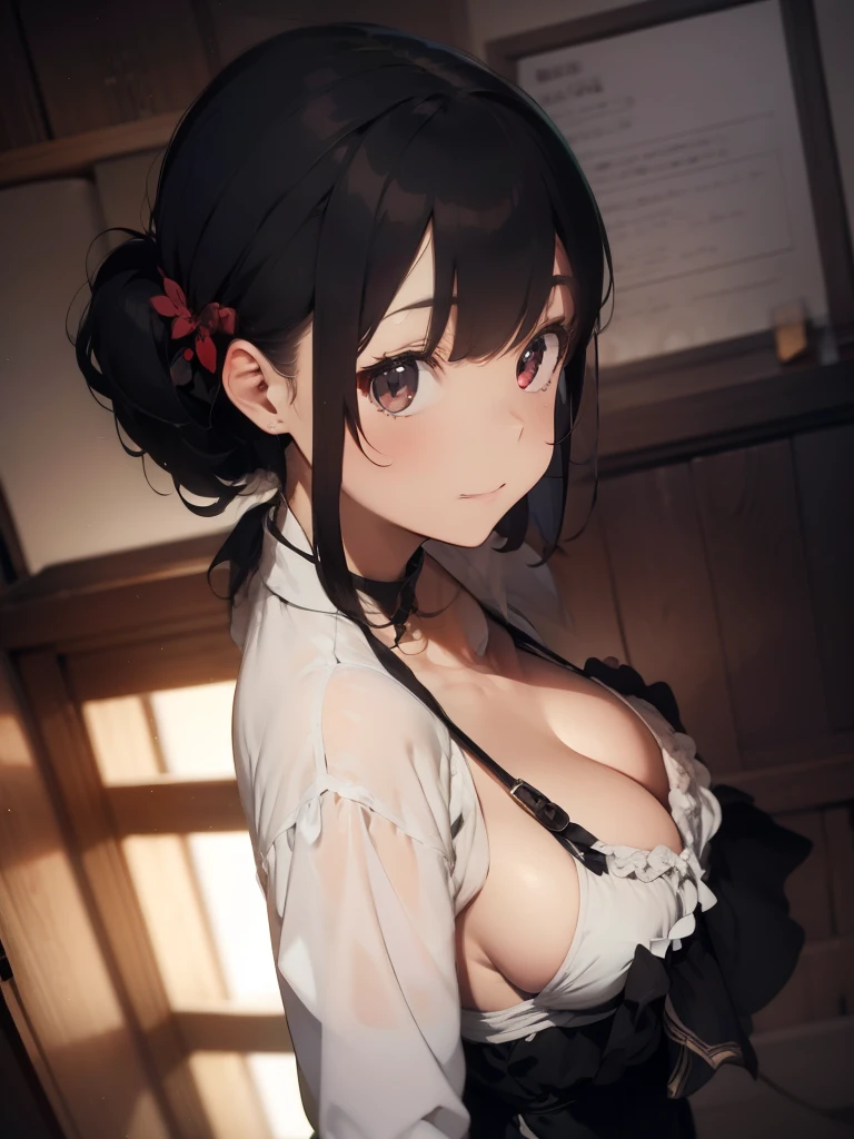 ultra-quality, ultla highres, Hyper Detailed, High contrast, Ultrafine Strike, creative refinement,A dark-haired,ssmile,Show cleavage,livingroom,5 fingers