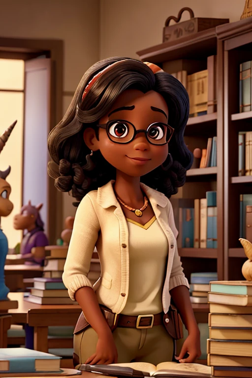 Librarian at the library, mulher de cabelo e olhos negros, cercada de personagens, fadas, unicorns, dinossauros e coelhos