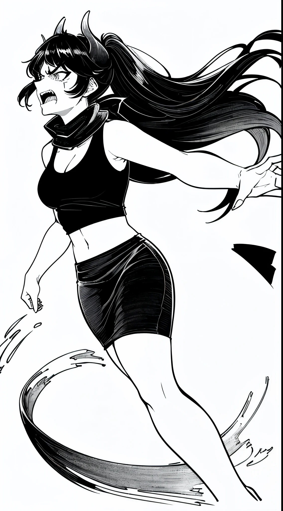 1girl,20s,solo,mature female,high ponytail,long hair,black hair,(((villain,psycho,psychopath,angry))),show belly,cleavage,horns,elf ears,((scarf)),(((black tank top,black pencil skirt))),standing,(white background, line drawing)