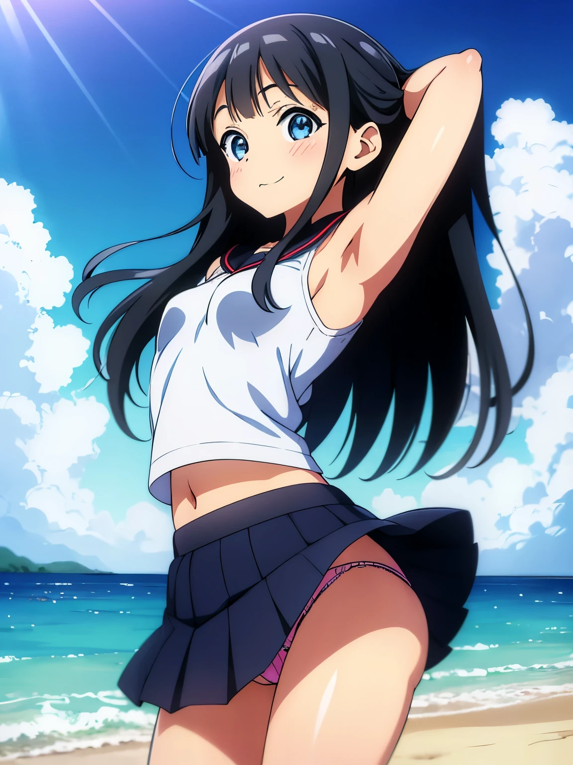 anime girl in a swim suit in a pool with a leaf on her head, wet swimsuit, realistic bikini, is wearing a swimsuit, swimsuit, oppai, smooth anime cg art, bathing suit, seductive anime girl, asuka suit under clothes!, nami one piece, pixiv 3dcg, rin, shiny wet skin!!, splash art anime , jpn idol,1girl,dynamic pose,beach,swimwear, looking at viewer, thick eyebrows, laughing,(One lady)、(​masterpiece)、(best qualtiy)、(ultra-detailliert)、(a high chroma)、(CG Illustration)、((Full Angle))、Female, 20 years old、Delicate beautiful face、(red blush)、(Wavy long hair、Dark ｂlack hair)、(dishevled hair)、((Shoulder top))、See-through clothes:1.3、((Black stockings))、(Pink lace panties)、(Dark blue pleated skirt)、(teats)、breasts of medium size,、((turned around))、(Woman sitting on the floor)、The best lighting、simple background、Anime girl in bikini standing on the beach with palm trees, Wallpaper Anime Blue Water, 4k Race Manga wallpaper, anime moe art style, Anime! 4K, Anime! 4 k, Seductive anime dick girl, Anime wallpapers in 4K, ultra hd anime wallpaper, realistic bikini, marin kitagawa fanart, [ Digital Art in 4K ]!!, Ecchi anime style, Anime girl sitting on bed with arms crossed, an anime drawing by Jin Homura, pixiv, shin hanga, anime moe art style, Cute anime girl, marin kitagawa fanart, small curvy loligatoro, Anime Best Girl, Anime visuals of cute girls, young anime girl, an anime girl, pretty anime girl, Anime Girl, ighly detailed、​masterpiece、top-quality、Ultra-high decomposition energy A、8K High Resolution、Photogenic clarity、A detailed eye、Gradation、perfect anatomy body proportions ,hard disk、nffsw (English) ,Nikon Z9 80mm Lens , masutepiece、Model Standing、Light blue panties made of lace material、White tight t-shirt、The dress is made of white lace material(((Show me all my panties)))、(((The skirt is definitely worn)))、(((Lift skirt hem)))、panties focus、too bright natural light、Sunshine、Detailed lace panty pattern、Ordinary panties、(((while standing, Lift your skirt to show