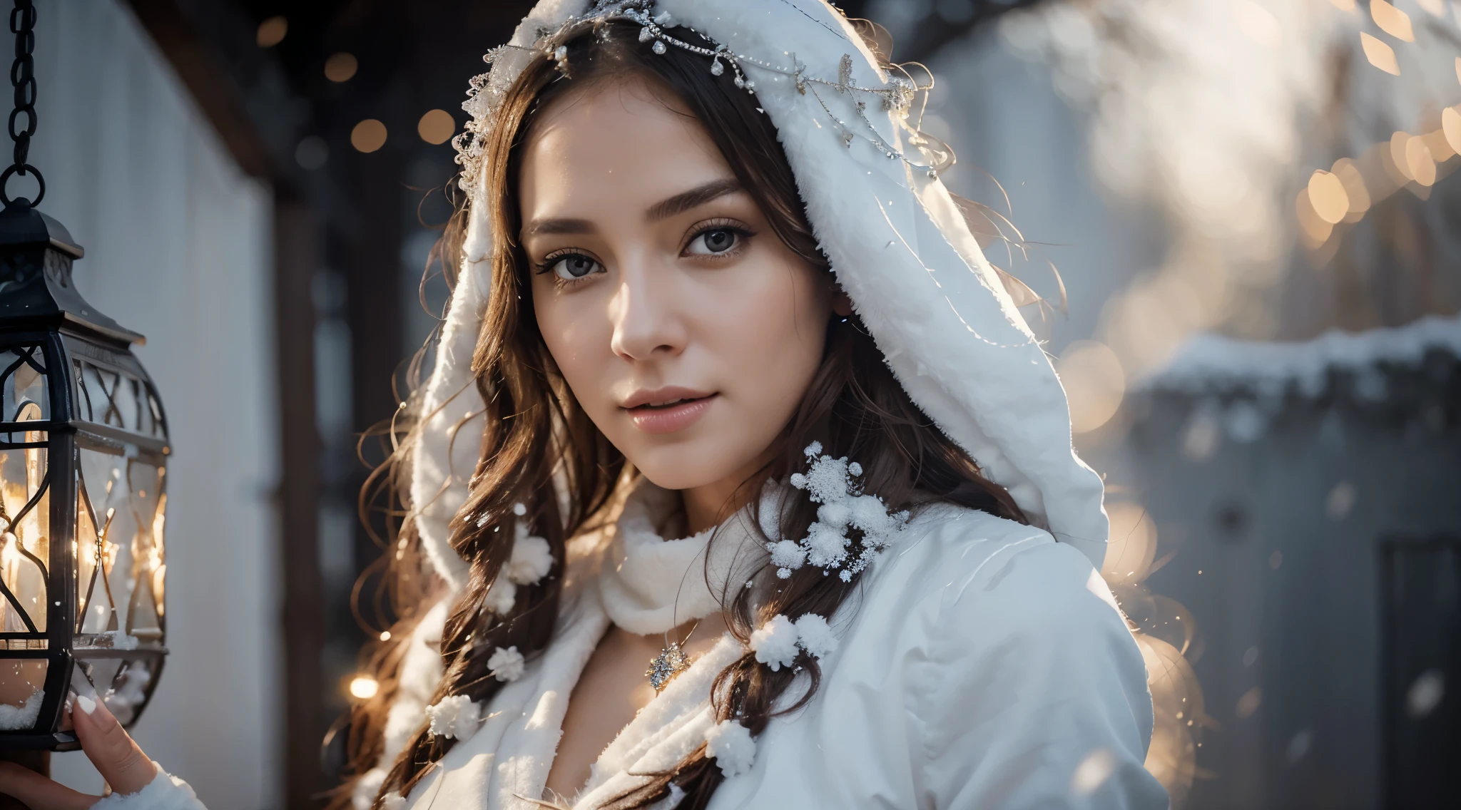 fantasy in intricate details with a beautiful woman as a Snowwoman --ar 32 --no sun --ar 32 --no sun. detailed, hyper-realistic, lighting, 16 k