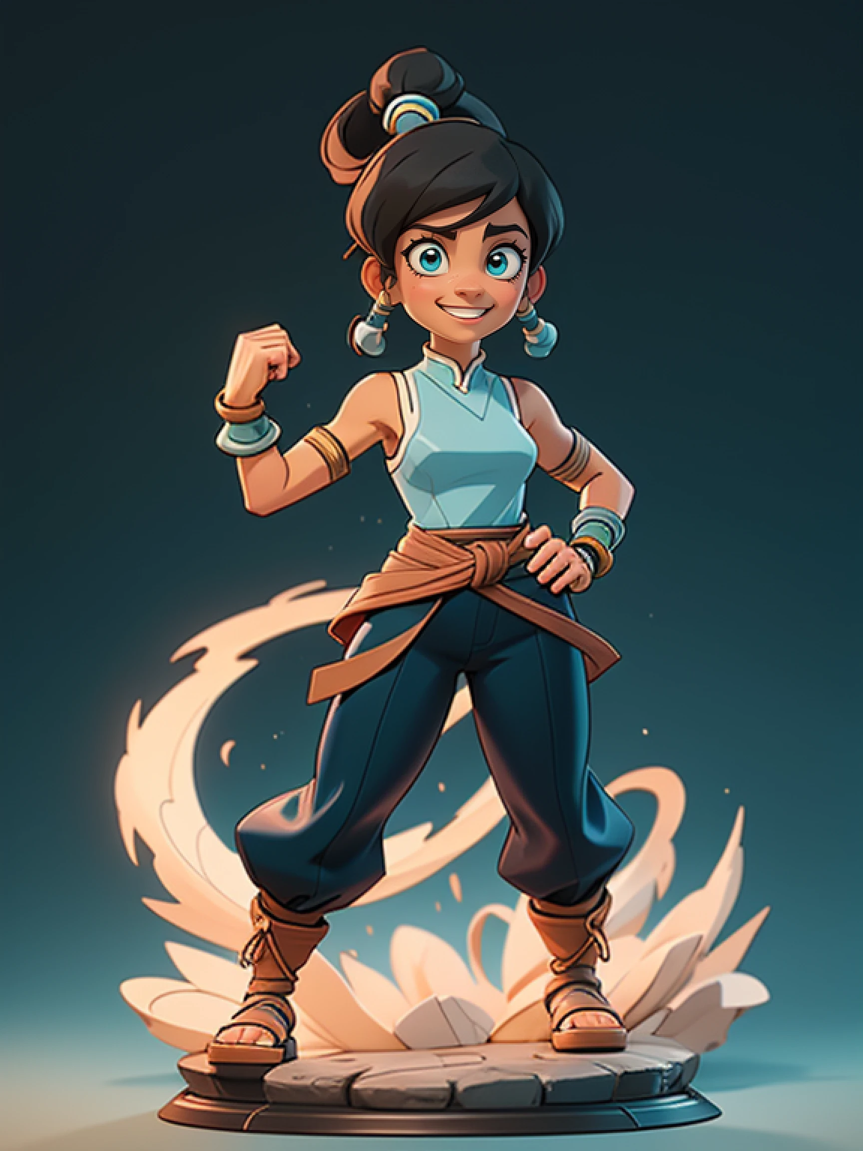 1girl, solo, (masterpiece), best quality, ultra-detailed, Korra from Avatar, Retro style, full body. fashion cloth, fancy. waterbending, happy, sexy smiling, ninja pants, darker skin