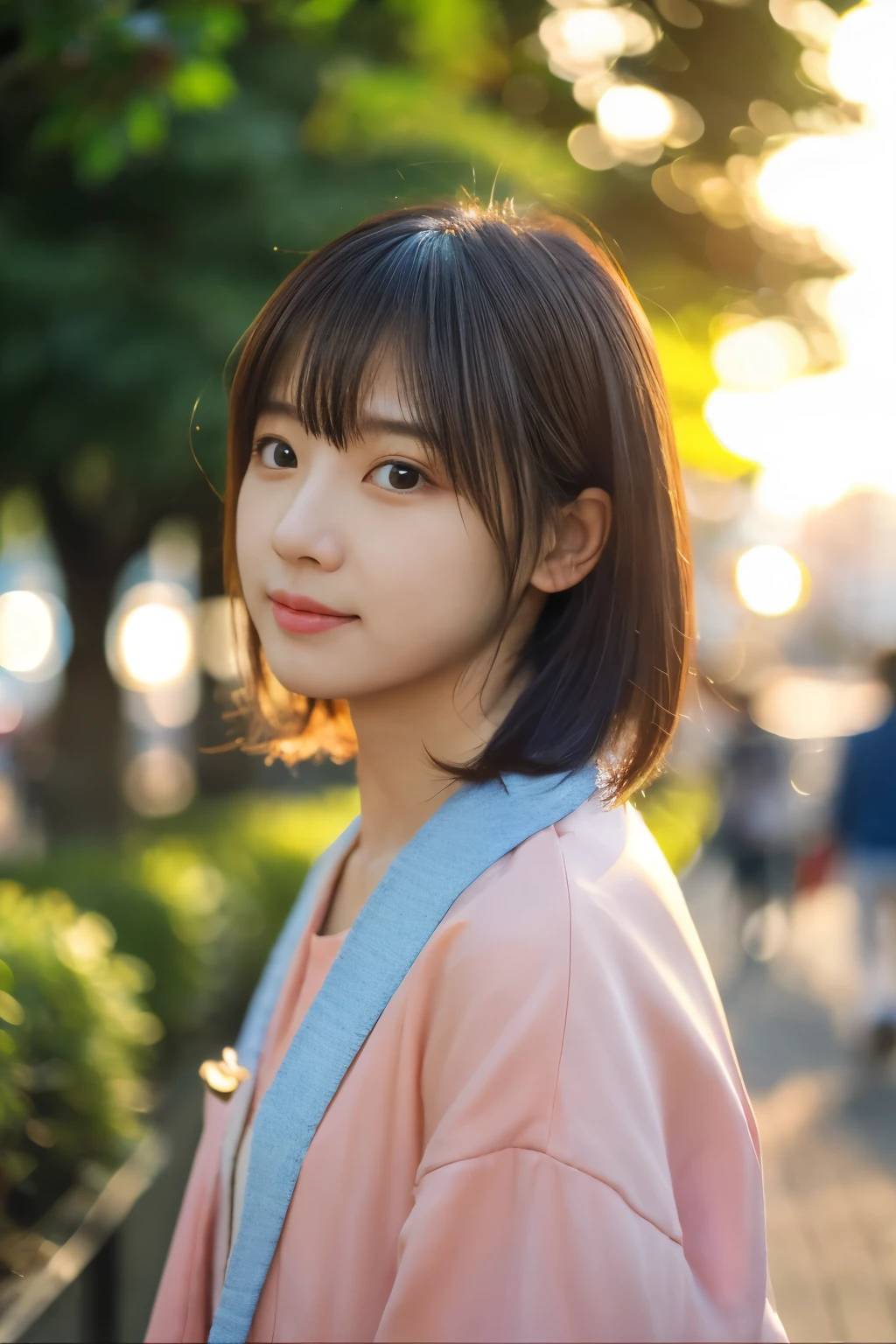 masutepiece, Best Quality, Portrait of 1girl、High resolution allows you to see pores and skin texture、夕方のembankmentを散歩、plain、the setting sun、Image quality of SLR cameras、various angles and angles、embankment、verdant、a park、Walking date、the setting sunでオレンジ色に、simple clothes、With the sunset in the background、Shoku、Sadly、Face down、Don't turn your face towards me、Facing down、Lonely look、Not looking at the camera