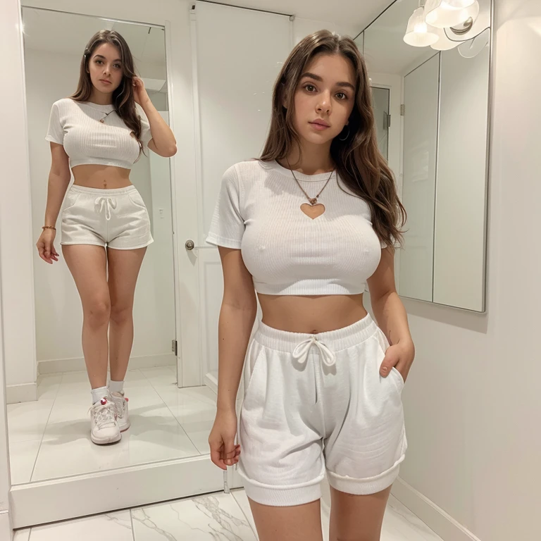 21 year old girl with big breasts and small waist dressed in cute clothes, ropa infantil, ropa tierna, He is in his bedroom with white light, white marble floor and mirrored background of a closet with expensive clothes and sneakers