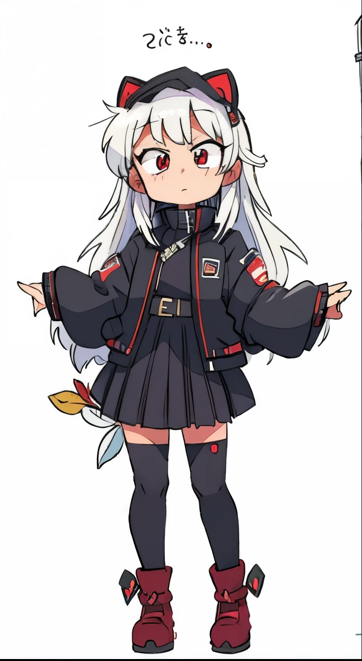 chibi style, chibi, masterpiece, high quality, best resolution, white hair, red eyes, black jacket,