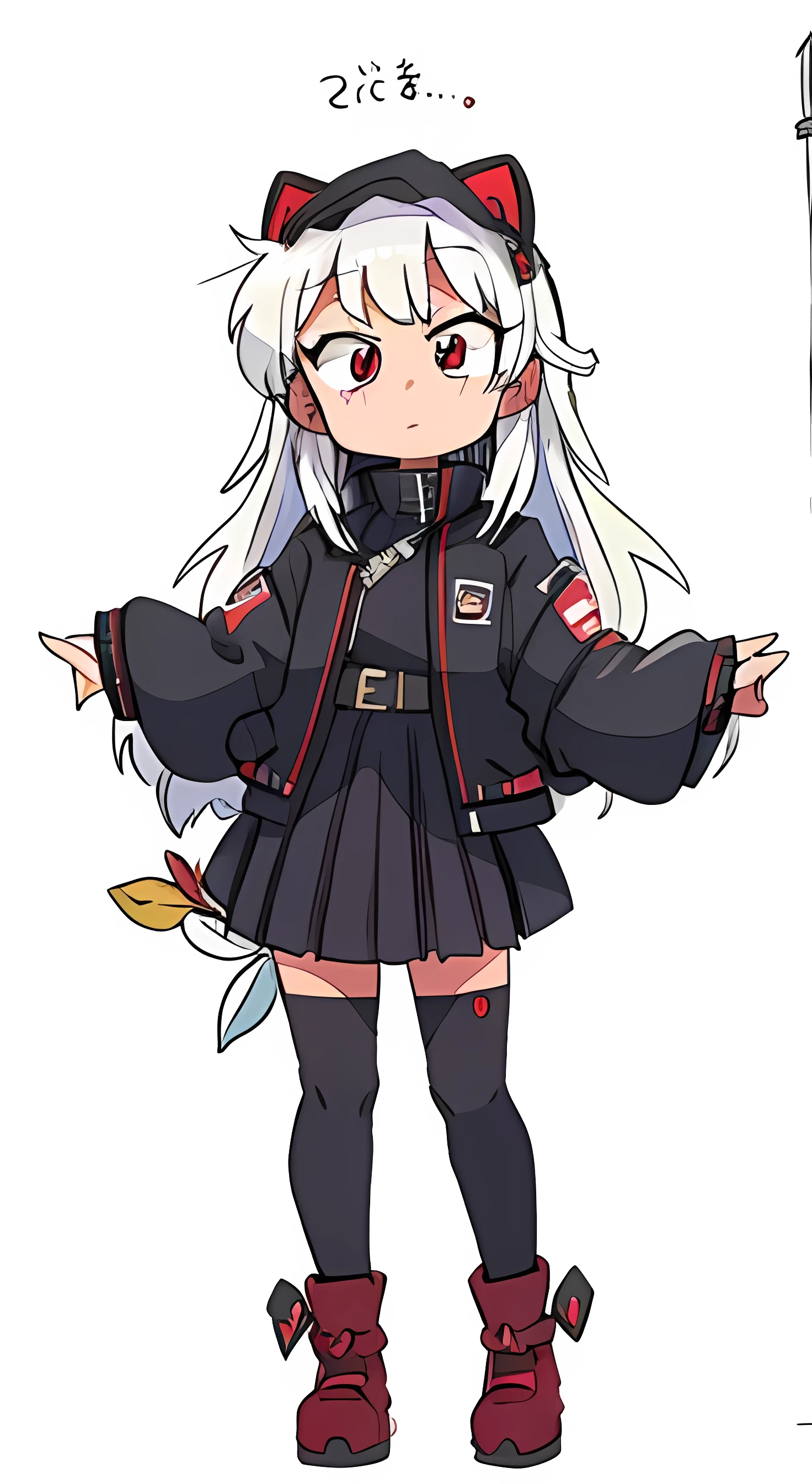 chibi style, chibi, masterpiece, high quality, best resolution, white hair, red eyes, black jacket,