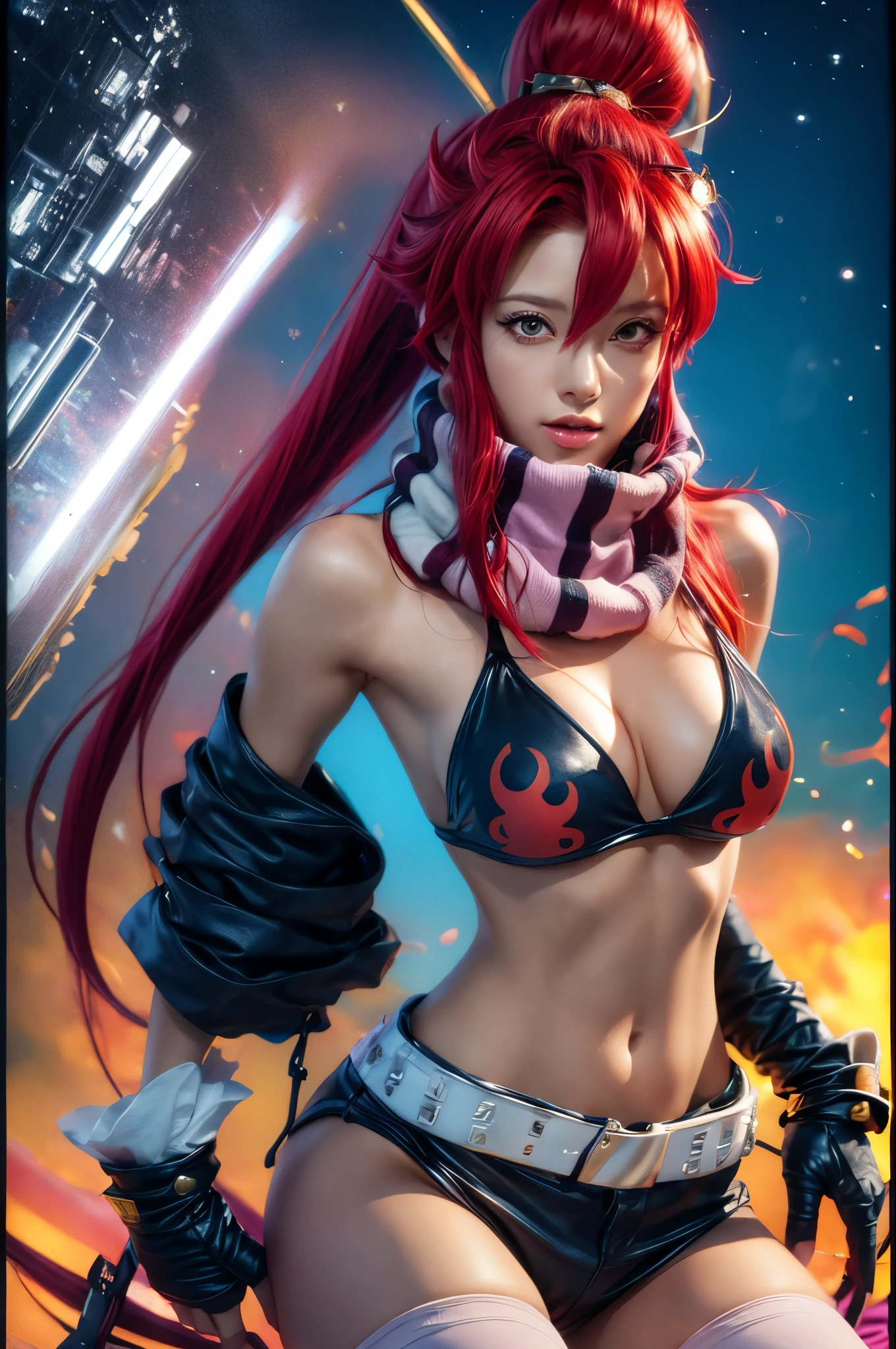 Create an incredibly detailed drawing of Yoko's character from the anime Gurren Lagann in the space environment. Let Yoko be pictured up close to show all her gorgeous appearance details. Please ensure the highest quality and maximum detail so that every line, shadow and texture is clear and realistic. Use sharp focus to especially reflect the vivid expression on her face and her characteristic features such as her hair, eyes, and clothes. Add space surroundings with neon lights and a colorful spectrum to create a futuristic, exotic atmosphere. Let these lights illuminate and accentuate Yoko's beauty and elegance. Please make the drawing accurate and appropriate to Yoko's appearance from Gurren Lagann anime. I am grateful for your attention to detail and creativity in fulfilling this order.Littner,yl1, ponytail, scarf, bikini top only, short shorts, mid,,Yokoriff, belt, fingerless gloves, skull hair ornament, elbow gloves, pink thighhighs,better_hands,hands