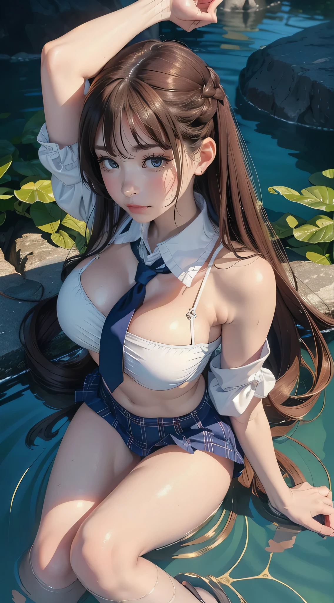 (Over Head Shot:1.2),NSFW,(Pornographic Images),(Breast squeeze:1.2),Onsen,(Floating in water:1.2),(Lying),(on  back),(Arched back:1.2),(Spread legs),(soaked),1girl in,(Ultra detailed skin),Curve,Petite,Beautiful breasts,(Large breasts),pale skin,pointed breast,Erect nipples,(Fantasy Art,Highest image quality,Hyperrealist portrait,(8K),Ultra-realistic,Best Quality, High quality, High Definition, High quality texture,high detailing,Beautiful detailed,fine detailed,extremely details CG,Detailed texture,realistic representation of face,masutepiece,presence,Dynamic,Bold),(super thin hair),(ultra soft hair),(ultra straight hair:1.5),Swept long bangs,Extra bright coppery amber hair,Hair over one eye,Clothed,School uniform