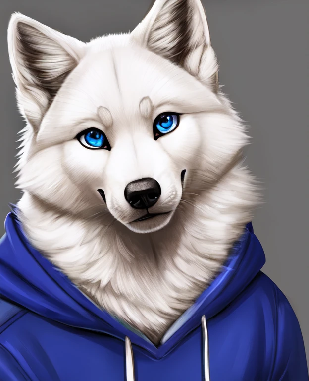 Furry, anthropomorphic, samoyed, blue eyes, blue hoodie