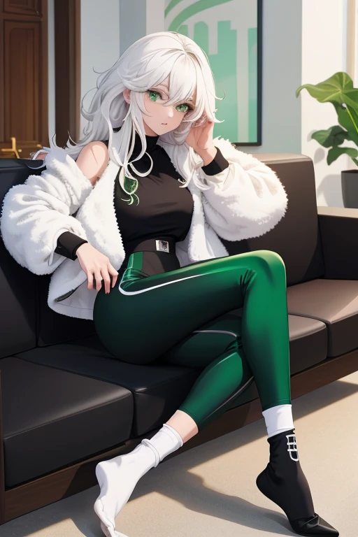 1Frau, white fluffy hair, kurze Haare, black and green leggings, white top, schwarze Lederjacke, Full body image, Couch, Meisterwerk, 4k, high-res, shiny green eyes, gemeine Augen, detailliert, detaillierte Augen, Full HD, Anime Girl,white socks