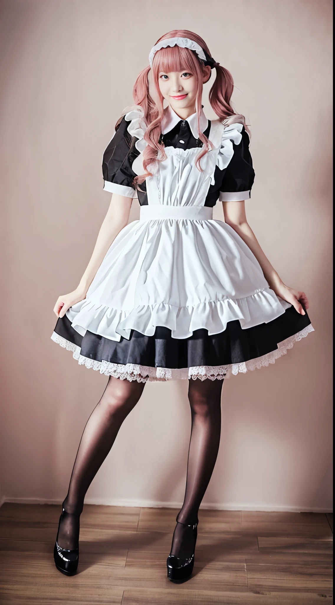 1girl, pink hair, pigtails, smile, headband, maid attire, black pantyhose, high heels, standing, 4k, ultra-detailed, masterpiece, raw photo, photorealistic, full body