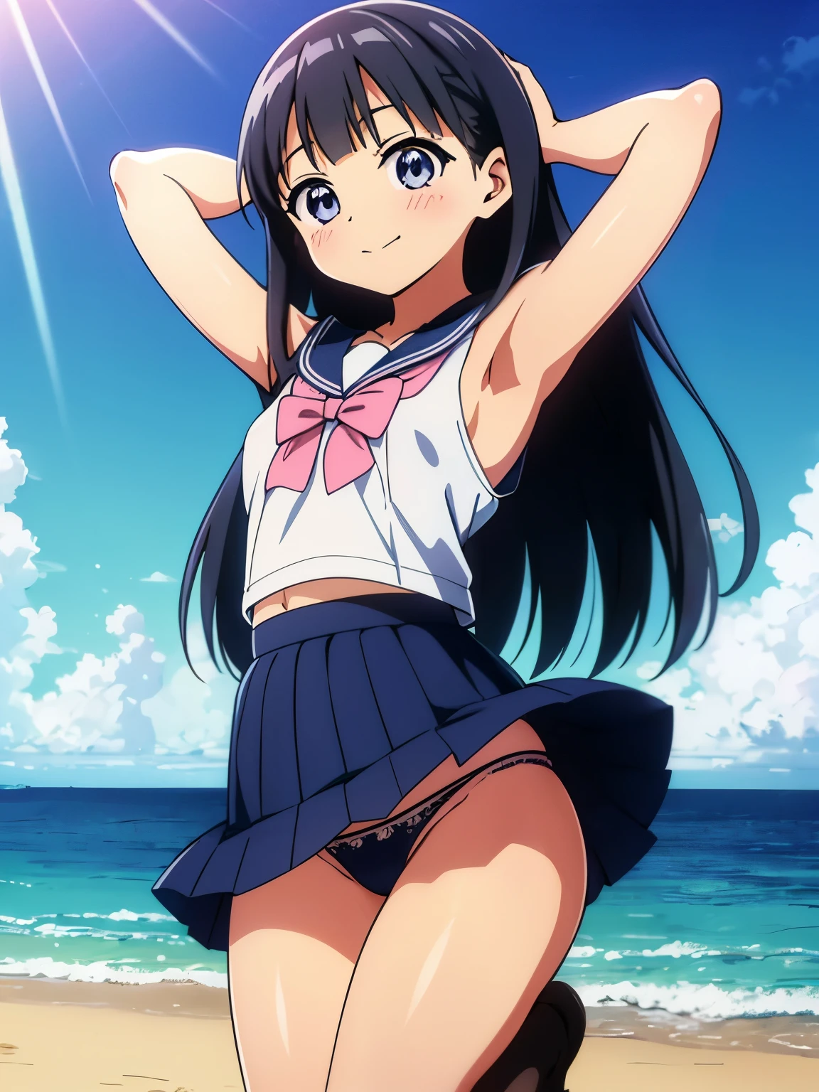 anime girl in a swim suit in a pool with a leaf on her head, wet swimsuit, realistic bikini, is wearing a swimsuit, swimsuit, oppai, smooth anime cg art, bathing suit, seductive anime girl, asuka suit under clothes!, nami one piece, pixiv 3dcg, rin, shiny wet skin!!, splash art anime , jpn idol,1girl,dynamic pose,beach,swimwear, looking at viewer, thick eyebrows, laughing,(One lady)、(​masterpiece)、(best qualtiy)、(ultra-detailliert)、(a high chroma)、(CG Illustration)、((Full Angle))、Female, 20 years old、Delicate beautiful face、(red blush)、(Wavy long hair、Dark ｂlack hair)、(dishevled hair)、((Shoulder top))、See-through clothes:1.3、((Black stockings))、(Pink lace panties)、(Dark blue pleated skirt)、(teats)、breasts of medium size,、((turned around))、(Woman sitting on the floor)、The best lighting、simple background、Anime girl in bikini standing on the beach with palm trees, Wallpaper Anime Blue Water, 4k Race Manga wallpaper, anime moe art style, Anime! 4K, Anime! 4 k, Seductive anime dick girl, Anime wallpapers in 4K, ultra hd anime wallpaper, realistic bikini, marin kitagawa fanart, [ Digital Art in 4K ]!!, Ecchi anime style, Anime girl sitting on bed with arms crossed, an anime drawing by Jin Homura, pixiv, shin hanga, anime moe art style, Cute anime girl, marin kitagawa fanart, small curvy loligatoro, Anime Best Girl, Anime visuals of cute girls, young anime girl, an anime girl, pretty anime girl, Anime Girl, ighly detailed、​masterpiece、top-quality、Ultra-high decomposition energy A、8K High Resolution、Photogenic clarity、A detailed eye、Gradation、perfect anatomy body proportions ,hard disk、nffsw (English) ,Nikon Z9 80mm Lens , masutepiece、Model Standing、Light blue panties made of lace material、White tight t-shirt、The dress is made of white lace material(((Show me all my panties)))、(((The skirt is definitely worn)))、(((Lift skirt hem)))、panties focus、too bright natural light、Sunshine、Detailed lace panty pattern、Ordinary panties、(((while standing, Lift your skirt to show