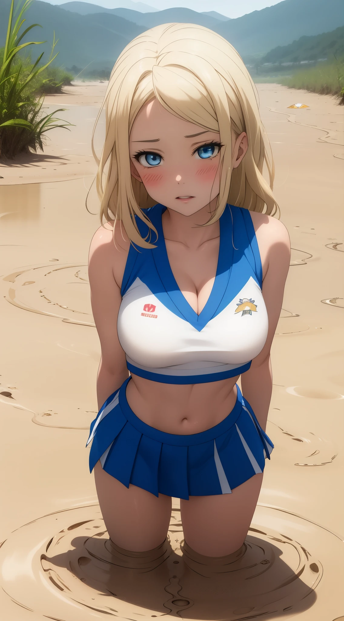 masterpiece, best quality, highly detailed, ultra high res, ayase arisa, 1girl, solo, perfect body, blue eyes, hair ornament, blonde hair, long hair, blush, glossy lips, cheerleader, medium breasts, cleavage, midriff, short skirt, (quicksand:1.4)