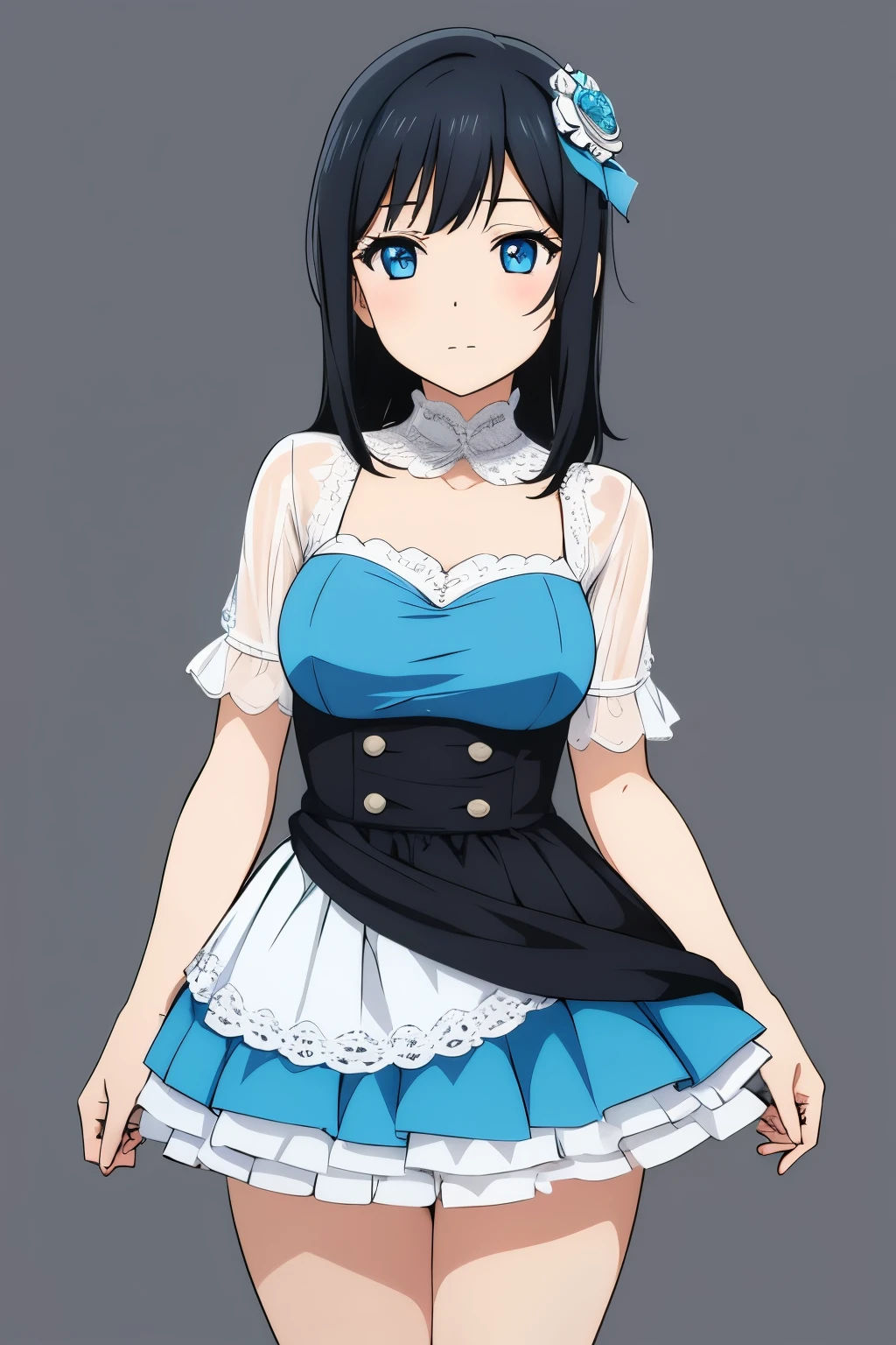 Character sheet of a girl with waist-length black hair, blue eyes and a light blue princess dress.
