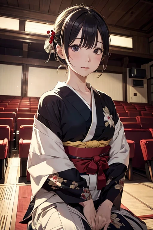 (8K), (Best Quality), (masutepiece: 1.2) Packed theater Rakugo storyteller telling a story Frontal shot