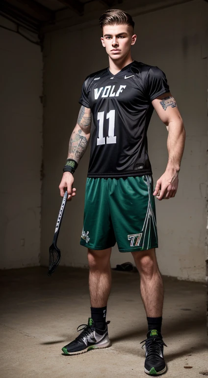 Young white man lacrosse player, , military haircut, black hair, intense green eyes fixed, intense gaze, affiliated features, no facial hair, height 1.90, weight 96 kg, muscular aesthetic build, broad shoulders, V-shaped body, tattoos of wolf on right arm, full body focus, completely hairless,