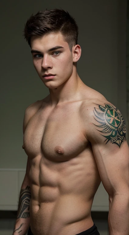 Young white man lacrosse player, 17 years old, military haircut, black hair, intense green eyes fixed, intense gaze, affiliated features, no facial hair, height 1.90, weight 96 kg, muscular aesthetic build, broad shoulders, V-shaped body, tattoos of wolf on right arm, full body focus, completely hairless,