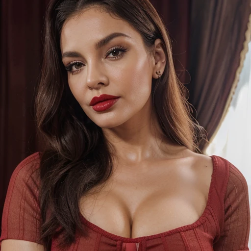 master part, ,(sozinho:1.1), rosto perfeito, (clear lighting:1.2),belos olhos detalhados, Rosto extremamente detalhado, perfect lighting,master part, best quality, ((Mature female)), ((mama grandes)), 30yo female, 1girl, red lips, loira curta, Cabelos lisos ,provocador, provocar, lips, lipstick, red lips, red lipstick, MILF, mama grande ,  sorrir,  Woman, bold lips, thick lips, saia grossa, mini vestido , parte superior do corpo