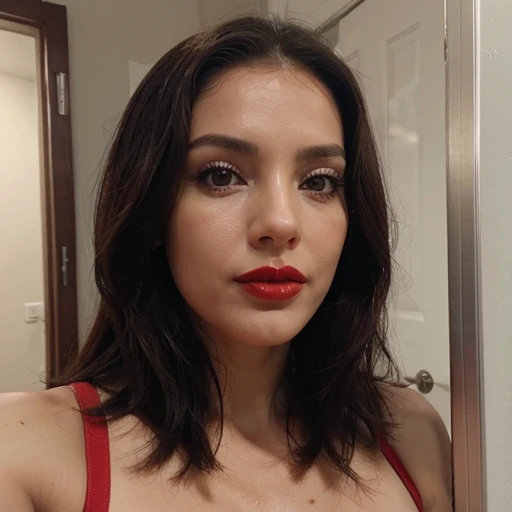 instagram photo, closeup face photo of 30 years Old, white skin, Red Lipstick, sensual Lipstick, Sensational Make Up, cleavage, pale skin, (smile:0.4), hard shadows, Red G-STRING, bright lighting 