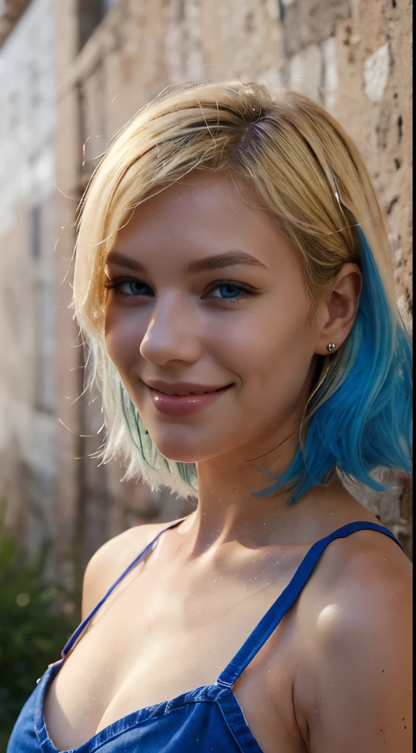 Beautiful girl, hair blonde, eyes blue hair long, smile blank