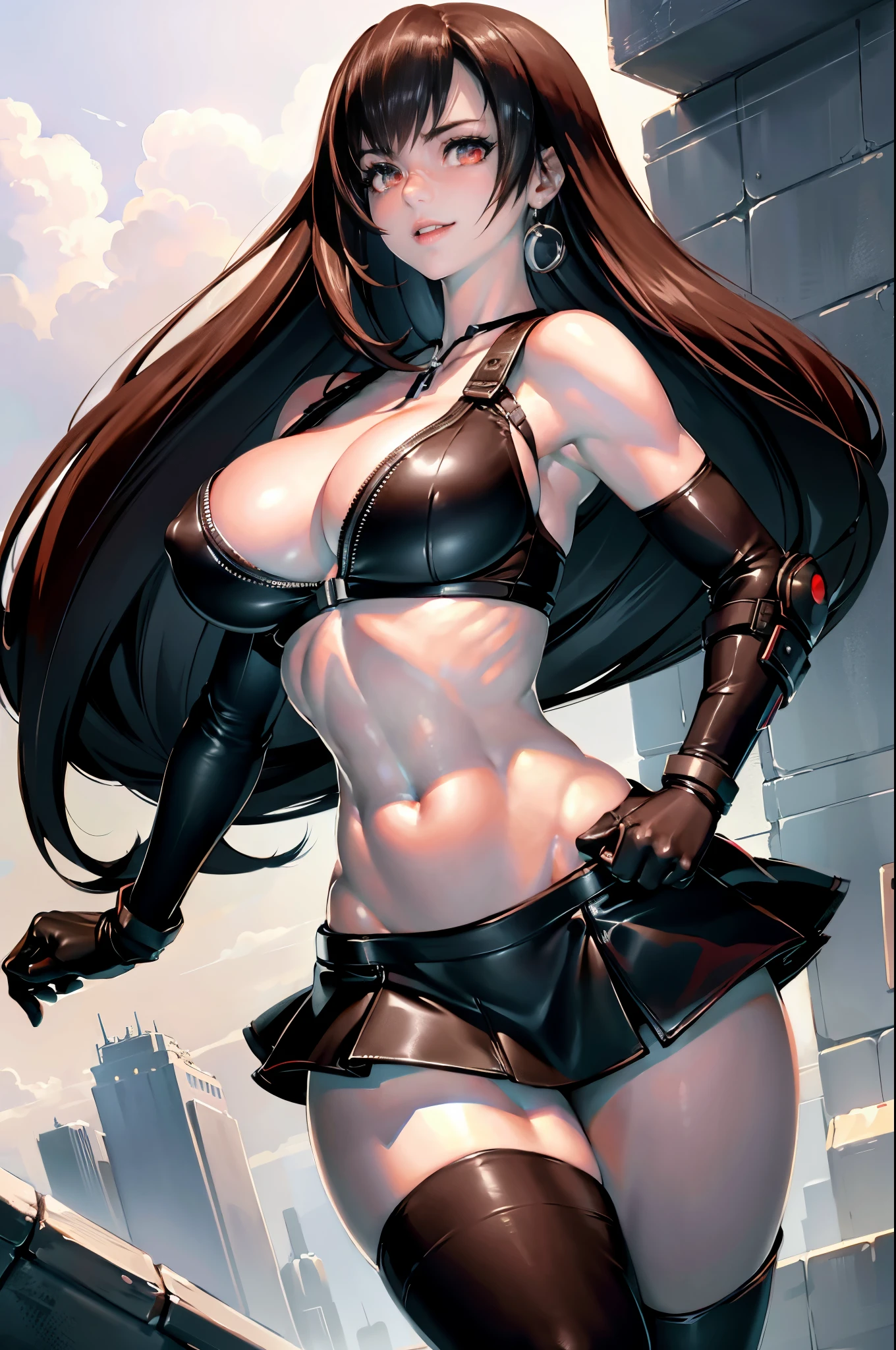 (8k, best quality, masterpiece:1.2), (realistic, photo-realistic:1.37), ultra-detailed, 1 girl,cute, solo, (tifa lockhart), (large breasts:1.5),(beautiful detailed eyes), (smile:1.2), (closed mouth), erotic pose, depth of field, dark intense shadows, sharp focus, depth of field, good composition, Final Fantasy VII, (white sports bra:1.3), (black leather miniskirt:1.2), stockings, gloves, full body, lips, pretty face, long hair, ((red_eyes:1.2)), intricate, bokeh, cinematic lighting, photon mapping, radiosity, physically-based rendering, (Tetsuya Nomura style), nsfw, perfect breasts, (in futuristic neon city)
