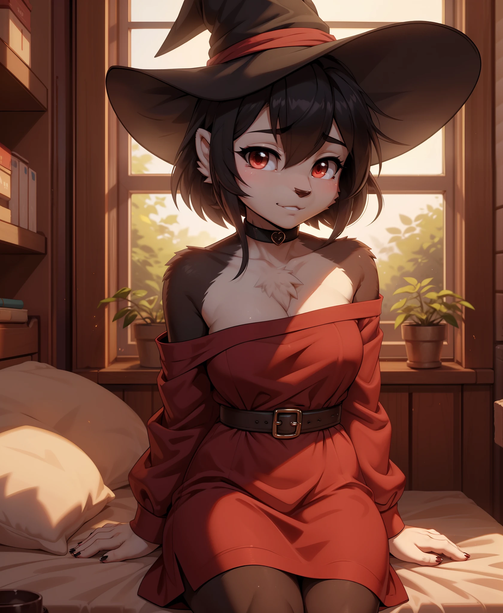 megumin, 1girl, bare shoulders, black cape, black gloves, black hair, blush, cape, choker, collarbone, dress, hair between eyes, hat, long sleeves, looking at viewer, medium hair, off-shoulder dress, off shoulder, red dress, red eyes, sidelocks, solo, witch hat, indoors