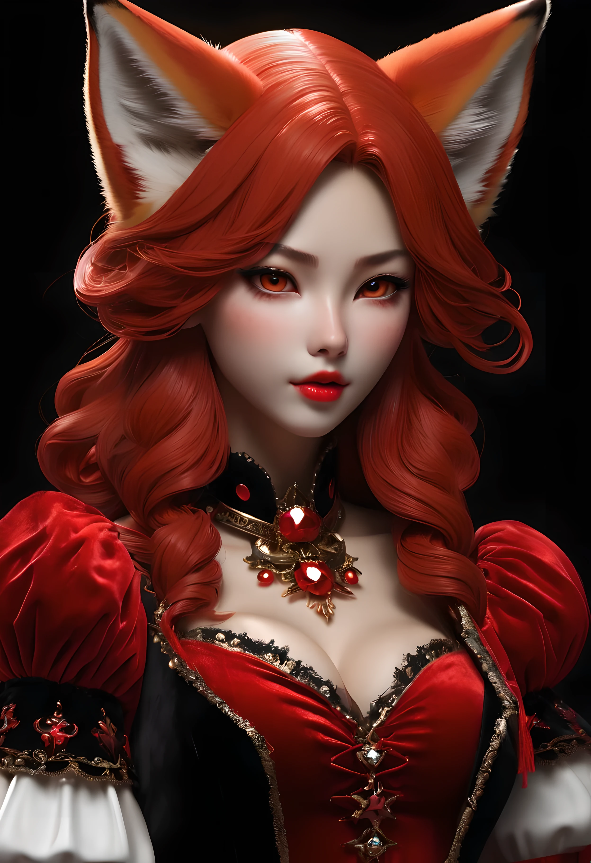 Masterpiece, Best Quality,incredibly beautiful fox woman, ((極端なディテール)),(Ultra-detailed), extremely detailed CG unity 8k wallpaper, Velvet, statuette, Red Hood, crop-top, Star headdress, puffy sleeves, lips, looking at the side, a closeup of a, Head rotation, Black background