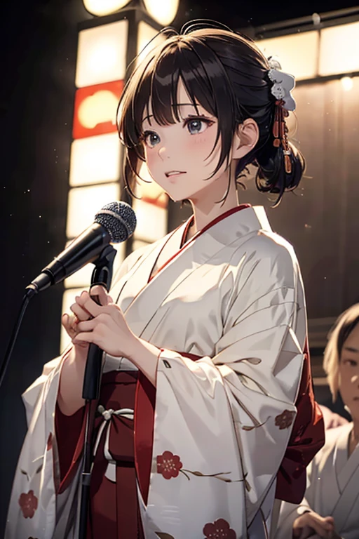 (8K), (Best Quality), (masutepiece: 1.2) Rakugo storyteller telling a story in front of a stage microphone taken from the under