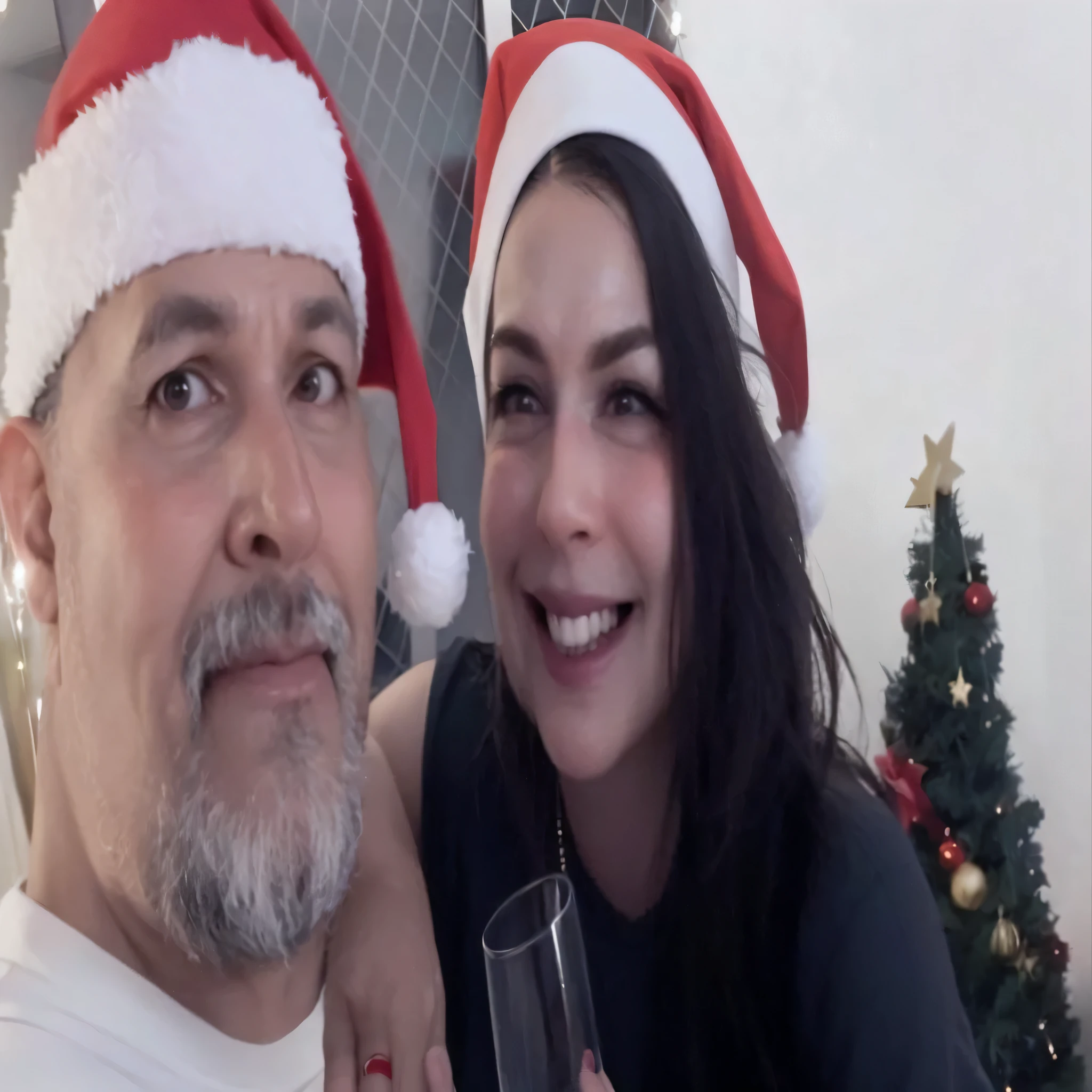 there is a man and woman wearing santa hats and holding wine glasses, imagem de perfil, wearing a santa hat, wearing santa hat, Foto do perfil, Foto do perfil, usando roupas festivas, 💋 💄 👠 👗, Fotografia tirada em 2 0 2 0, imagem do avatar, Sandra Chevier, Directed by: Bernie D'Andrea, casal feliz, Foto tirada em 2018