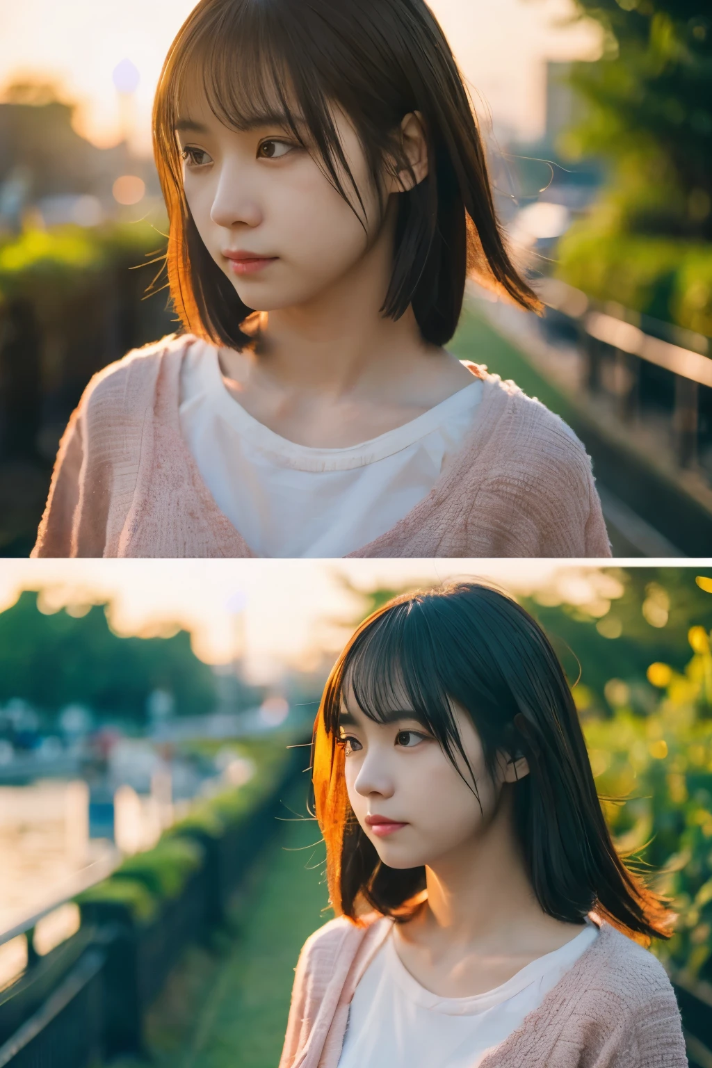 masutepiece, Best Quality, Portrait of 1girl、High resolution allows you to see pores and skin texture、Stroll through the embankment in the evening、plain、the setting sun、Image quality of SLR cameras、various angles and angles、embankment、verdant、a park、Walking date、The setting sun makes it orange、simple clothes、With the sunset in the background、Shoku、Sadly、Face down、Don't turn your face towards me、Facing down、Lonely look、Not looking at the camera、tears、Crying face